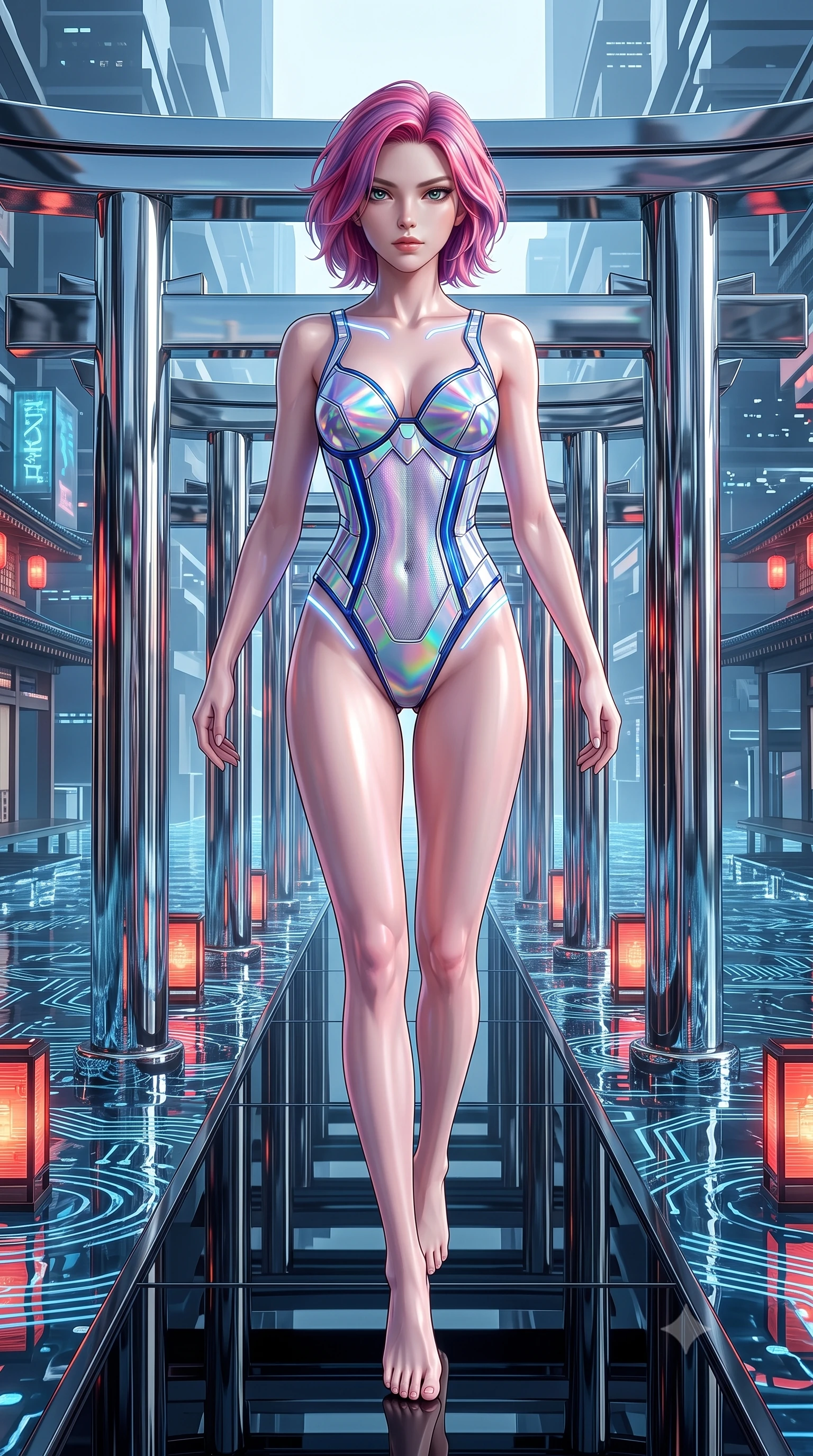 score_9, masterpiece, best quality, ultra-detailed, high-budget anime keyframe, editorial fashion photography, tasteful artistic composition, Caucasian woman. low angle full-body shot from head to toe showing her feet, filling the entire 9:16 vertical frame with her statuesque presence, stretching her vertical silhouette. performing an alluring mid-air vault with flawless poise, looking directly into the camera with regal, divine intensity while striding gracefully along a mirrored chrome torii gate arcade suspended above a digital water matrix. The surrounding environment is rendered in vivid detail and crisp panoramic clarity. sharp digital circuit water ripples, vermilion cyber-lanterns, and black glass walkway in high clarity. She has an absolutely perfect, statuesque 8.5-heads proportion, an exceptionally tall and slender model-like female figure with impossibly long slender legs, a toned flat midriff, and an ultra-slim waist. sharp v-shaped jawline, high-bridge nose, intricate jewel-like eyes with depth, thick eyelashes, glossy lips with a natural sheen, flawlessly proportioned anatomical accuracy, strict slender model proportions, natural body alignment, perfectly sculpted long slender limbs, ultra-slim waistline, clean dynamic posture without body distortion. wearing a precision-tailored holographic cyber-corset with geometric iridescent plating and an ultra-slim waist-cinching silhouette in liquid platinum silver and deep sapphire blue LED filaments, crafted from delicate iridescent organza interwoven with luminescent micro-fibers, accented with glowing fiber-optic seams tracing her collarbones and hip curves, the glove-like aerodynamic second-skin fit tightly clinging to her ultra-slender waist and athletic curves without adding bulk, accentuating her razor-sharp statuesque lines and slim hourglass silhouette. illuminated by crisp specular highlights tracing her sculpted flat midriff, waist, and long slender legs. ultra-reflective glossy finish, specular highlights, dark metallic sheen, high-contrast stereoscopic depth, volumetric dynamic lighting, 2k, ultra detail, master piece, 9:16 ratio