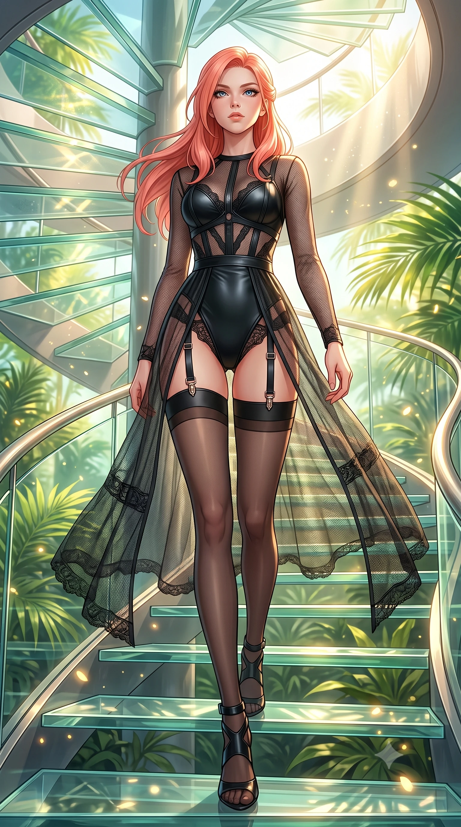 score_9, masterpiece, best quality, ultra-detailed, high-budget anime keyframe, editorial fashion photography, tasteful artistic composition, Japanese woman. low angle full-body shot from head to toe showing her feet, filling the entire 9:16 vertical frame with her statuesque presence, stretching her vertical silhouette. forging dynamically through the scene, her vertical silhouette beautifully stretched ascending a vertical spiral glass staircase enveloped by tropical sunbeams, glowing pollen particles drifting gracefully around her form. She has an absolutely perfect, statuesque 8.5-heads proportion, an exceptionally tall and slender model-like female figure with impossibly long slender legs and an ultra-slim waist. sharp v-shaped jawline, high-bridge nose, intricate jewel-like eyes with depth, thick eyelashes, glossy lips with a natural sheen. wearing a semi-opaque sheer overlay dress over a sleek leather micro-bodysuit with garter details, the elegant draped fit framing her graceful clavicle and slender torso. surrounded by a bright, airy ambiance with radiant white and green highlights. highly saturated vibrant anime colors, detailed shading with soft gradients, rich glossy textures, high-contrast stereoscopic depth, volumetric dynamic lighting, master piece, 9:16 ratio