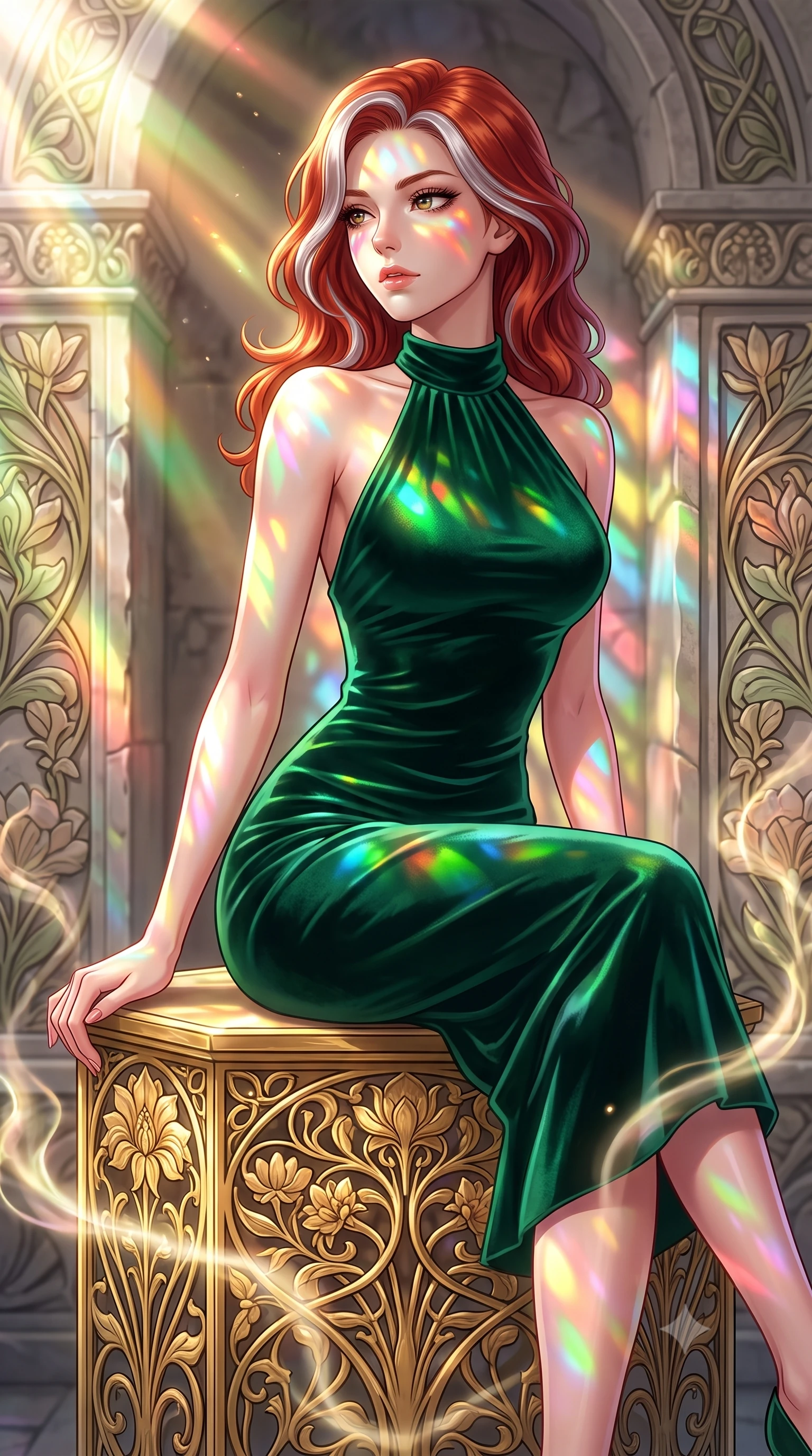 score_9, masterpiece, best quality, ultra-detailed, high-budget anime keyframe, editorial fashion photography, tasteful artistic composition, Caucasian woman. close-up cowboy shot from the waist and thighs up, the character dominates the composition, filling the frame with her large presence, background elements kept in soft focus. Gazing past the camera with an air of effortless elegance and mysterious confidence poised on a golden filigree altar surrounded by glowing incense vapors, intricate floral Art Nouveau motifs decorating the surrounding stone. She has an exceptionally elegant, slender, and willowy female figure with an ultra-slim waist, a gracefully sculpted slender torso, and a refined silhouette. sharp v-shaped jawline, high-bridge nose, intricate jewel-like eyes with depth, thick eyelashes, glossy lips with a natural sheen. wearing a velvet halter-neck midi dress in deep emerald, following her form like a glove, the tailored fabric tightly following every curve of her athletic build. lit by bright sunbursts creating vivid, saturated color projections. highly saturated vibrant anime colors, detailed shading with soft gradients, rich glossy textures, high-contrast stereoscopic depth, volumetric dynamic lighting, master piece, 9:16 ratio