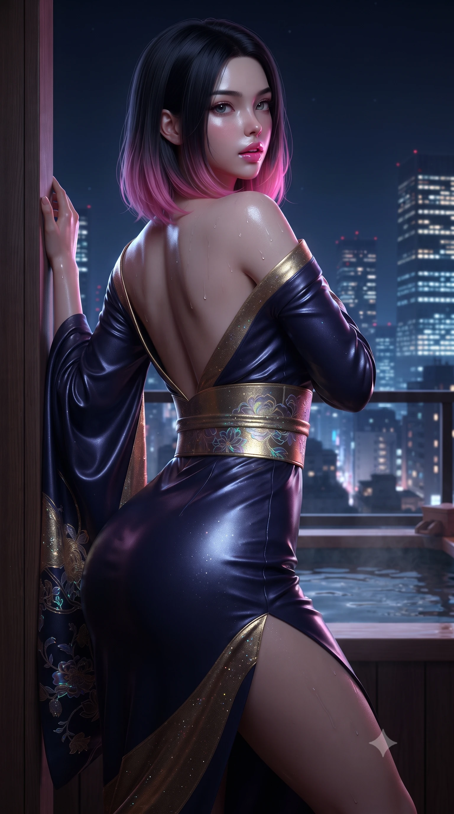 score_9, masterpiece, best quality, ultra-detailed, high-budget anime keyframe, editorial fashion photography, tasteful artistic composition, Korean woman. close-up cowboy shot from the waist and thighs up, the character dominates the composition, filling the frame with her large presence. posing in an alluring rear three-quarter angle, arching her lower back in a pronounced S-curve with one hand on her hip, glancing seductively over her bare shoulder with parted glossy lips while leaning back against a cedar bath partition overlooking glowing Tokyo skyscrapers, parted glossy lips reflecting pink neon lights. The surrounding environment is rendered in vivid detail and crisp panoramic clarity. atmospheric nocturnal thermal chiaroscuro and private mountain-view skylounge luxury in precision. She has an exceptionally elegant, slender, and willowy female figure with an ultra-slim waist, a gracefully sculpted slender torso, toned flat midriff, and rounded feminine hips creating an alluring hourglass silhouette. sharp v-shaped jawline, high-bridge nose, intricate jewel-like eyes with depth, thick eyelashes, glossy parted lips with a natural sheen, intensely captivating and seductive bedroom-eyes expression, flawlessly proportioned anatomical accuracy, strict slender model proportions, natural body alignment, perfectly sculpted long slender limbs, ultra-slim waistline, clean dynamic posture without body distortion. wearing a traditional-modern silk fusion wrap dress with asymmetric trailing sleeves and waist-cinching obi in midnight indigo and glowing starlight gold, crafted from supple second-skin lambskin leather with specular wet sheen, complemented by a wide metallic gold obi sash with holographic floral embroidery, the dramatically scooped open back descending to the base of her spine, accentuating her razor-sharp statuesque lines and curvy hourglass silhouette. illuminated by wet specular reflections accentuating her sculpted collarbones, narrow waist, and curvy hips. ultra-reflective glossy finish, specular highlights, rich textural contrasts, high-contrast stereoscopic depth, volumetric dynamic lighting, 2k, ultra detail, master piece, 9:16 ratio