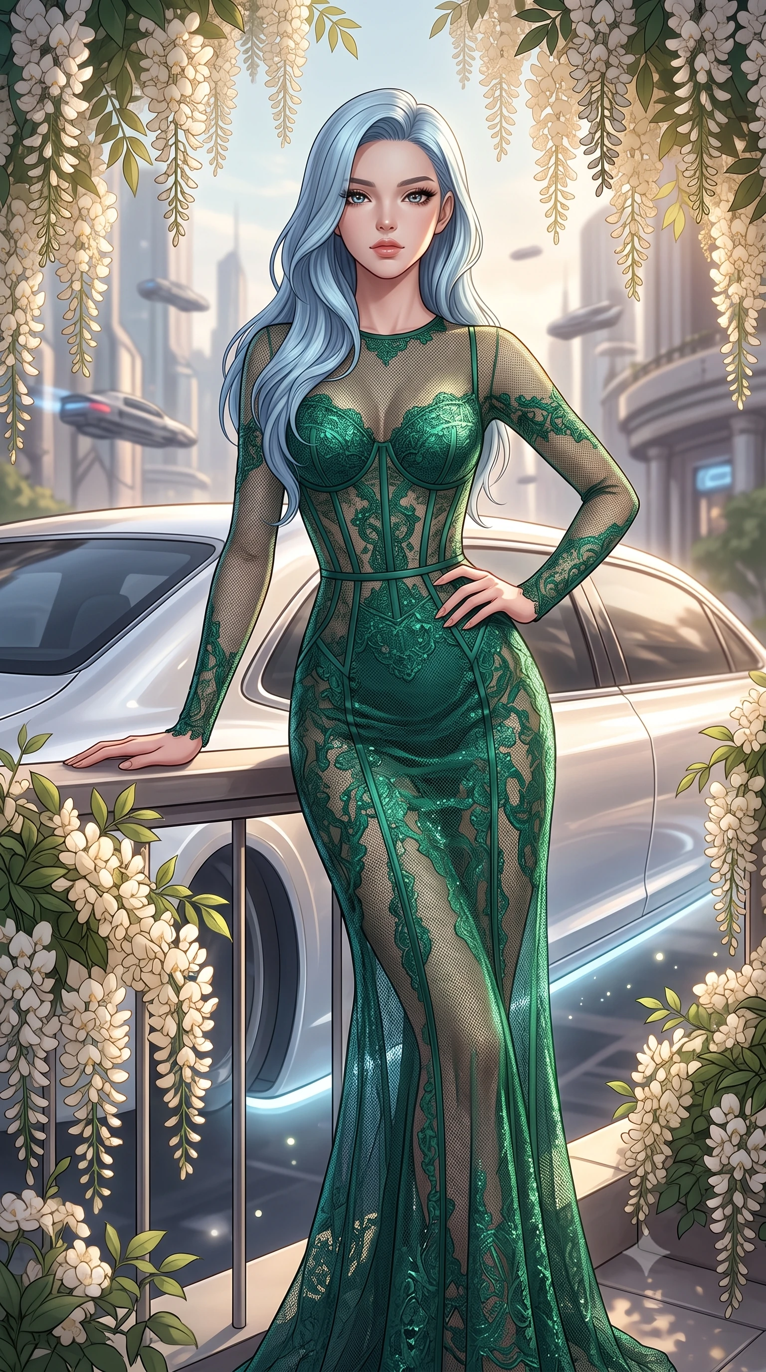 score_9, masterpiece, best quality, ultra-detailed, High-budget Anime Keyframe, East Asian woman. Low angle cowboy shot filling the entire 9:16 frame with her statuesque presence. Scenario 444: leaning against a sleek white hover-limousine by a quiet balcony surrounded by trailing white wisteria flowers. Her presence is magnetic and overpowering in this high-budget anime scene. Outfit 444: a slim-fit emerald green micro-mesh lace corset dress with sheer sleeves and opaque panels. The clothing is designed to emphasize her exceptionally tall and slender 8-heads proportion. 8-heads proportion, towering silhouette, ultra-slim waist. sharp v-shaped jawline, intricate jewel-like eyes with depth, thick eyelashes, glossy lips. 2k, ultra detail, master piece, 9:16 ratio