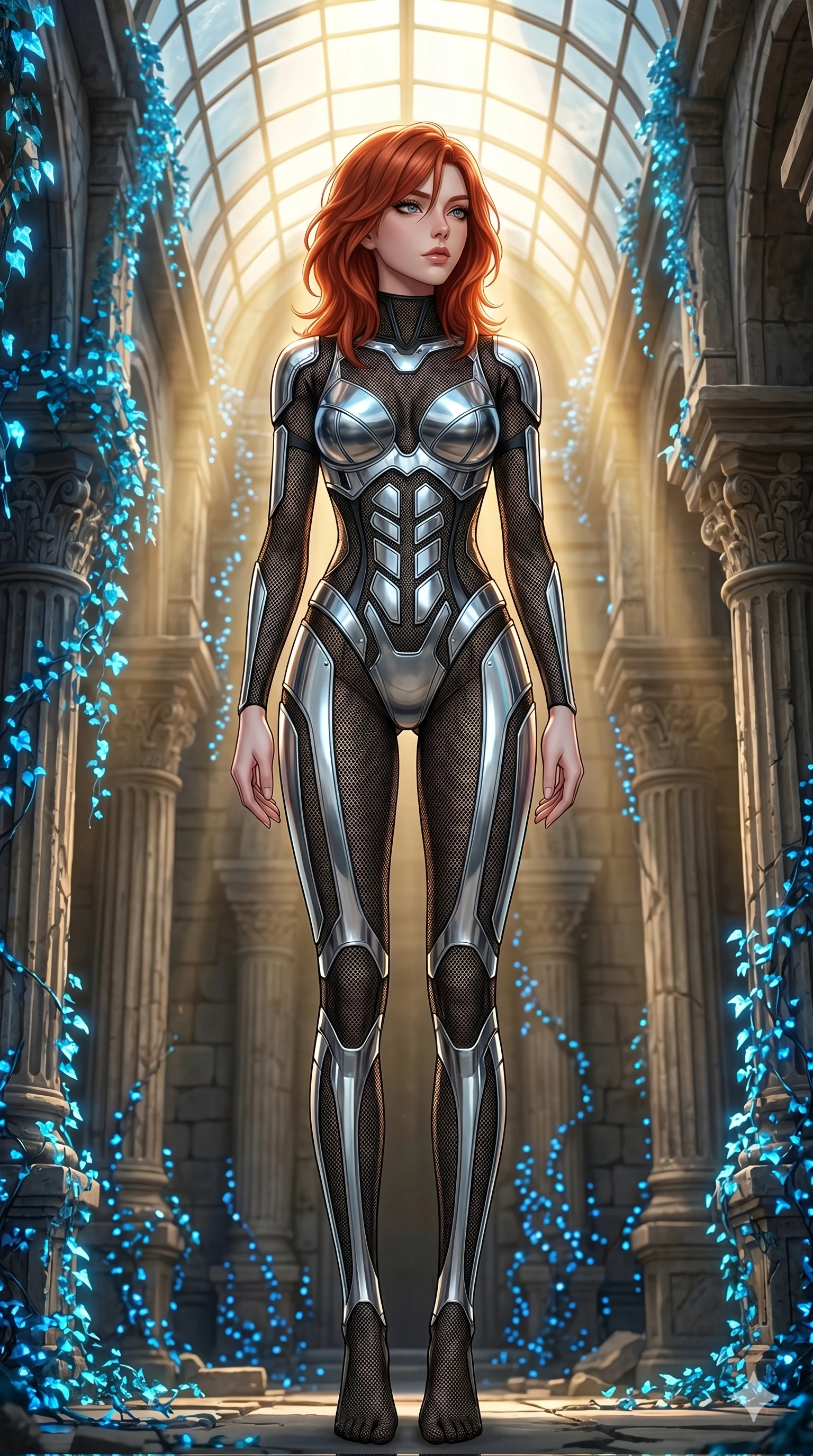 score_9, masterpiece, best quality, ultra-detailed, high-budget anime keyframe, editorial fashion photography, tasteful artistic composition, Korean woman. cowboy shot from the thighs up, character and outfit filling the frame for maximum editorial presence. Gazing past the camera with an air of effortless superiority amidst a sanctuary of ancient stone ruins wrapped in glowing blue ivy. She has an absolutely perfect 8-heads proportion, an exceptionally tall and slender female figure with impossibly long slender legs and an ultra-slim waist. V-shaped jawline, high-bridge nose, intricate jewel-like eyes with depth, thick eyelashes, glossy lips with a natural sheen. wearing a full-length catsuit in black technical mesh with strategic silver-chrome panel plates covering the chest and hips in an architectural pattern. drenched in cinematic god-ray sunlight descending from a vaulted glass ceiling, illuminating her form. 2k, ultra detail, master piece, 9:16 ratio