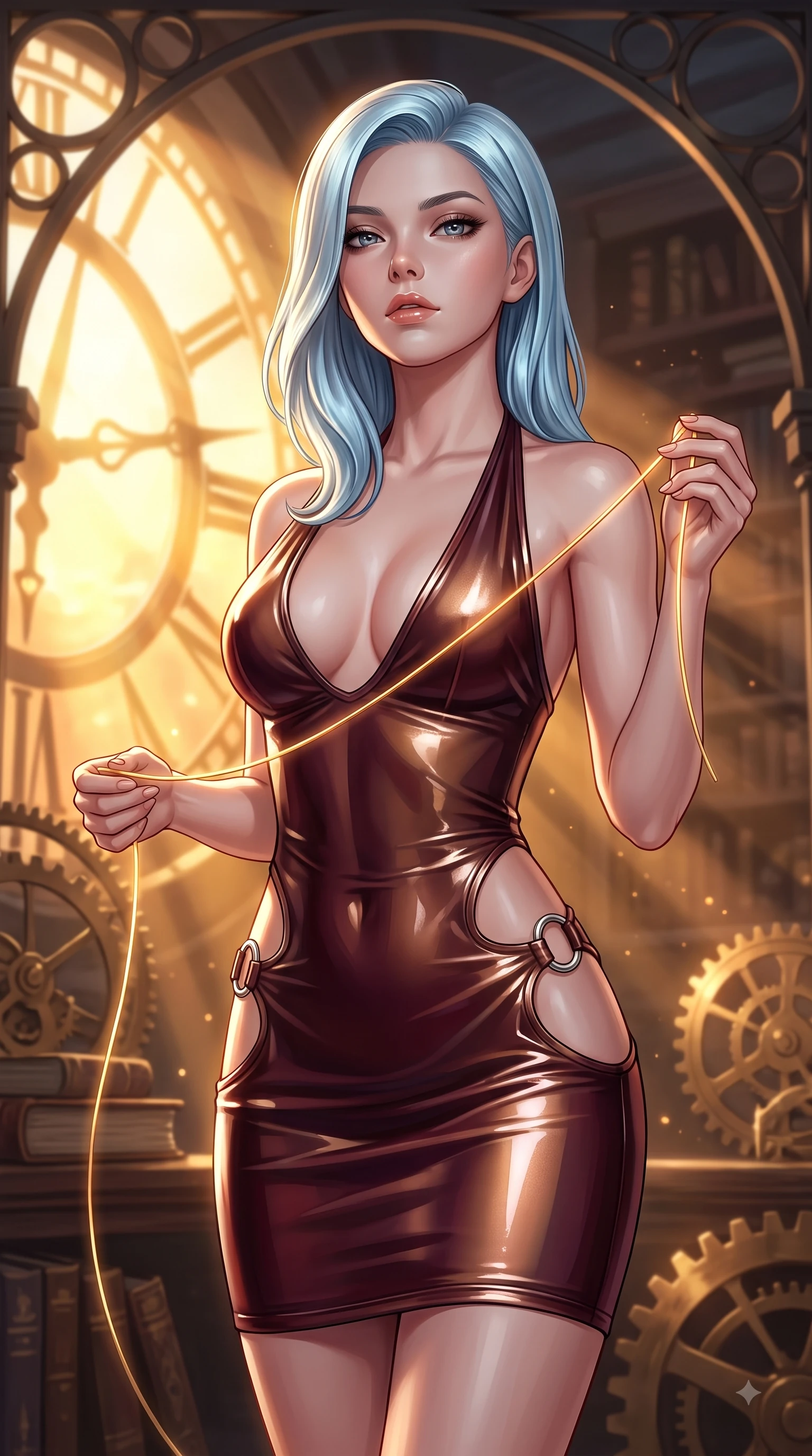 score_9, masterpiece, best quality, ultra-detailed, high-budget anime keyframe, editorial fashion photography, tasteful artistic composition, Korean woman. close-up cowboy shot from the waist and thighs up, the character dominates the composition, filling the frame with her large presence, background elements kept in soft focus. Tilting her chin up with composed magnetism as dramatic side lighting traces her sculpted waist and hip contour while threading glowing clockwork spring wires in a vintage archives hall with magnetic allure, dramatic twilight amber light streaming through the giant clock window in bold beams. She has an exceptionally elegant, slender, and willowy female figure with an ultra-slim waist, a gracefully sculpted slender torso, and a refined silhouette. sharp v-shaped jawline, high-bridge nose, intricate jewel-like eyes with depth, thick eyelashes, glossy lips with a natural sheen, flawlessly proportioned anatomical accuracy, natural body alignment, perfectly sculpted elegant limbs, clean dynamic posture without body distortion. wearing a deep-scoop halter bodycon dress with hip cutouts connected by silver rings in deep burgundy and bronze, woven from fine semi-opaque sheer organza, accented with delicate chrome ring hardware framing her waist, the tailored fabric tightly following every curve of her athletic build. illuminated by a brilliant golden hour glow filtering through clockwork dials. ultra-reflective glossy finish, specular highlights, metallic sheen, high-contrast stereoscopic depth, volumetric dynamic lighting, 2k, ultra detail, master piece, 9:16 ratio