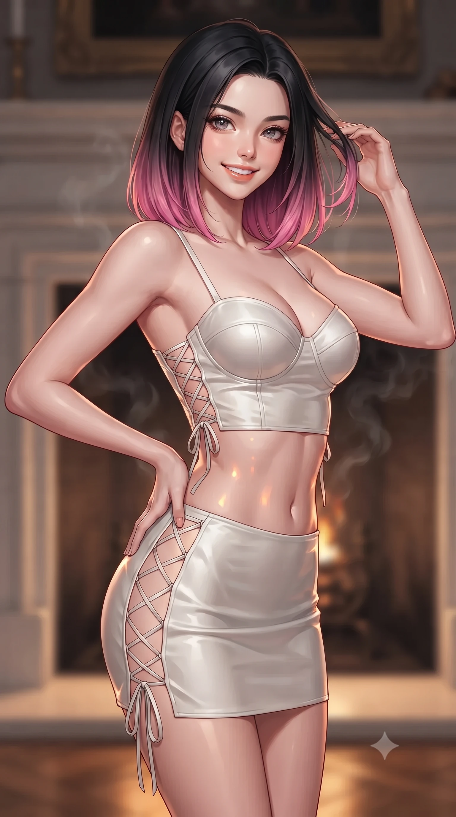 score_9, masterpiece, best quality, ultra-detailed, high-budget anime keyframe, editorial fashion photography, tasteful artistic composition, Korean woman. close-up cowboy shot from the waist and thighs up, the character dominates the composition, filling the frame with her large presence. twisting her slender torso in an alluring contrapposto stance, one hand resting on her sculpted hip while her fingers toy with her hair with effortless poise while twisting her slender torso in an alluring contrapposto stance, warm firelight reflections dancing across her narrow waist and curvy hips. The background shows a soft-focus soft hearth smoke softened in Scottish royal estate shallow focus. She has an exceptionally elegant, slender, and willowy female figure with an ultra-slim waist, flat toned midriff, narrow ribcage, and sculpted feminine hips creating an alluring, slim hourglass silhouette without bulk. sharp v-shaped jawline, high-bridge nose, intricate jewel-like sparkling eyes with depth, thick eyelashes, glossy parted lips with a natural peach sheen, bright cheerful beaming smile with an enchanting and coquettish sensual glint, exuding both youthful cute charm and seductive allure, flawlessly proportioned anatomical accuracy, strict slender model proportions, natural body alignment, perfectly sculpted long slender limbs, ultra-slim waistline, clean dynamic posture without body distortion. wearing a sculpted satin underwire crop bustier with lace-up side ties paired with a micro skirt in Normandy Étretat alabaster chalk white and Atlantic cobalt, crafted from fluid liquid silk satin that clings smoothly to her narrow waist and rounded hips with a dewy sheen, featuring fine criss-cross lace-up side ties revealing tantalizing glimpses of her hip curve, the liquid-tight tailored fabric clinging flawlessly to her narrow waist and rounded feminine hips, emphasizing every millimeter of her sculpted slim hourglass curves without any bulky heaviness. illuminated by polished parquet reflection bounce and sharp rose-gold rim lights sculpting her jawline, narrow waist, and curvy hips. ultra-reflective glossy finish, specular highlights, rich textural contrasts, high-contrast stereoscopic depth, volumetric dynamic lighting, 2k, ultra detail, master piece, 9:16 ratio