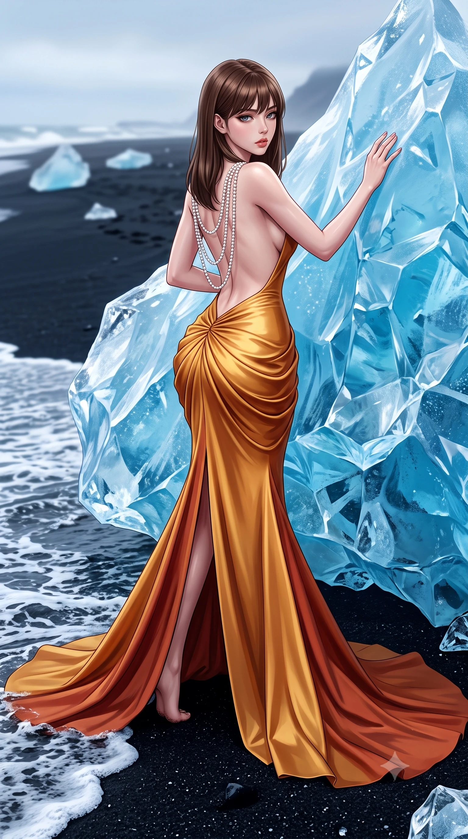 score_9, masterpiece, best quality, ultra-detailed, high-budget anime keyframe, semi-realistic 3D game render, editorial fashion photography, tasteful artistic composition, Korean woman. low angle full-body shot from head to toe showing her feet, filling the entire 9:16 vertical frame with her statuesque presence, stretching her vertical silhouette. striding forward in a proud supermodel runway stride, hips swaying in an alluring kinetic rhythm that accentuates her curvy hourglass silhouette while reclining against a massive crystal-clear blue iceberg stranded on the jet-black volcanic sand, arching her spine as Arctic waves lap near her feet. The surrounding environment is rendered in vivid detail and crisp panoramic clarity. sharp transparent glacial ice facets, jet-black volcanic sand grains, and sea foam texture in deep focus. She has an exceptionally tall and slender model-like 8.5-heads proportion, an ultra-slim waist, a flat toned midriff, narrow delicate ribcage, and beautifully sculpted feminine hips creating a graceful, slim hourglass silhouette without any bulky heaviness, with impossibly long slender legs. sharp v-shaped jawline, high-bridge nose, intricate jewel-like eyes with depth, thick eyelashes, glossy parted lips with a natural sheen, intensely captivating and seductive bedroom-eyes expression, flawlessly proportioned anatomical accuracy, strict slender model proportions, natural body alignment, perfectly sculpted long slender limbs, ultra-slim waistline, clean dynamic posture without body distortion. wearing an open-back duchess satin gala gown with a dramatic hip-hugging drape and cascading trailing hem in molten desert gold and burnt terracotta, woven from layered gossamer chiffon with a weightless sweeping drape, accented with a multi-strand pearl back necklace cascading down her bare spine to her hips, the form-contouring material adhering flawlessly to her sculpted flat midriff and slender torso, emphasizing her long leg lines and perfectly proportioned willowy build. illuminated by crisp ice crystal specular highlights sharply carving her razor-sharp jawline, narrow waist, and curvy hips. highly saturated vibrant anime colors, detailed shading with soft gradients, rich glossy textures, high-contrast stereoscopic depth, volumetric dynamic lighting, master piece, 9:16 ratio