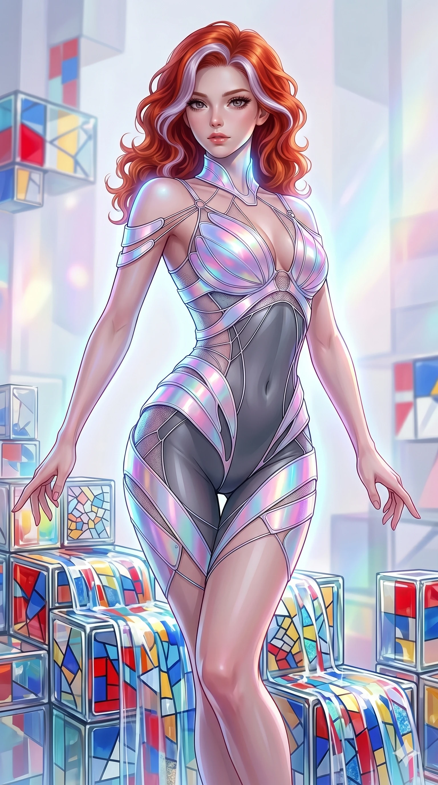 score_9, masterpiece, best quality, ultra-detailed, high-budget anime keyframe, Caucasian woman, strictly human ears. upper body close-up from the thighs up, character filling the screen for maximum presence. balancing on cubist glass blocks that cascade like a waterfall, reflecting complex mosaic patterns and primary colors. She has an absolutely perfect 8-heads proportion, an exceptionally tall and slender female figure with impossibly long slender legs and an ultra-slim waist. V-shaped jawline, high-bridge nose, intricate jewel-like eyes with depth, thick eyelashes, glossy lips with a natural sheen.. wearing a holographic ribbon shell armor, featuring thin iridescent plates linked by wire straps over a sleek contouring base. enhanced by a luminous pastel spectrum glow, casting elegant rim lights on her shoulders and jawline. 2k, ultra detail, master piece, 9:16 ratio