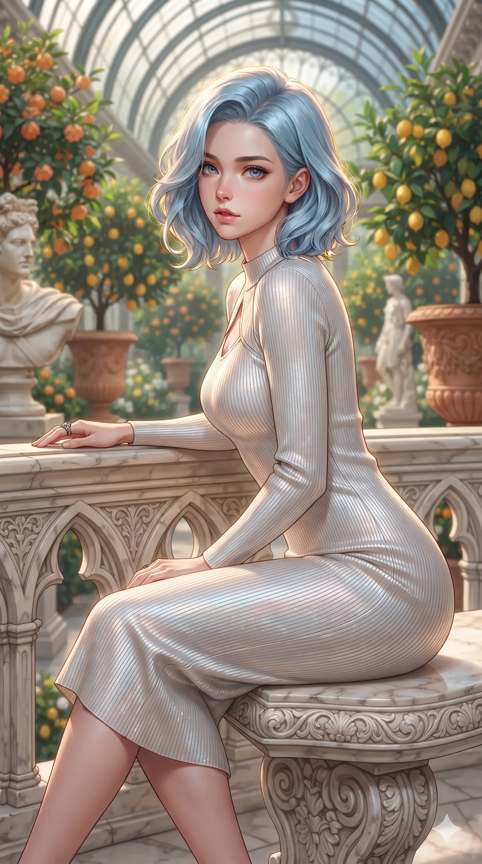 score_9, masterpiece, best quality, ultra-detailed, high-budget anime keyframe, editorial fashion photography, tasteful artistic composition, Korean woman. close-up cowboy shot from the waist and thighs up, the character dominates the composition, filling the frame with her large presence. leaning forward over the carved stone gothic balustrade, looking back with sleepy seductive bedroom-eyes as water reflections dance across her silhouette while sitting gracefully on the carved marble bench with legs crossed, flashing an enchanting smile with parted glossy lips. The background shows a soft-focus flowering orange and lemon trees in terracotta urns, classical marble sculptures, and curved glass roof ribs blurred into citrus gold, emerald, and ivory bokeh. She has an exceptionally elegant, slender, and willowy female figure with an ultra-slim waist, flat toned midriff, narrow ribcage, and sculpted feminine hips creating an alluring, slim hourglass silhouette without bulk. sharp v-shaped jawline, high-bridge nose, intricate jewel-like sparkling eyes with depth, thick eyelashes, glossy parted lips with a natural sheen, intensely captivating and seductive bedroom-eyes expression, exuding both youthful cute charm and sovereign luxury allure, flawlessly proportioned anatomical accuracy, strict slender model proportions, natural body alignment, perfectly sculpted long slender limbs, ultra-slim waistline, clean dynamic posture without body distortion. wearing an ultra-sleek form-fitting ribbed silk-knit midi dress with elegant collar cutouts contouring her feminine hourglass silhouette in shimmering silver mercury and pearl white, tailored from high-gloss patent leather with mirror-like specular highlights, accented with an open-back drape framed by falling strands of delicate chrome chains, the liquid-tight tailored fabric clinging flawlessly to her narrow waist and rounded feminine hips, emphasizing every millimeter of her sculpted slim hourglass curves without any bulky heaviness. illuminated by polished limestone floor reflections and sharp emerald-gold rim lights sculpting her razor-sharp jawline, narrow waist, and curvy hips. ultra-reflective glossy finish, specular highlights, rich textural contrasts, high-contrast stereoscopic depth, volumetric dynamic lighting, 2k, ultra detail, master piece, 9:16 ratio