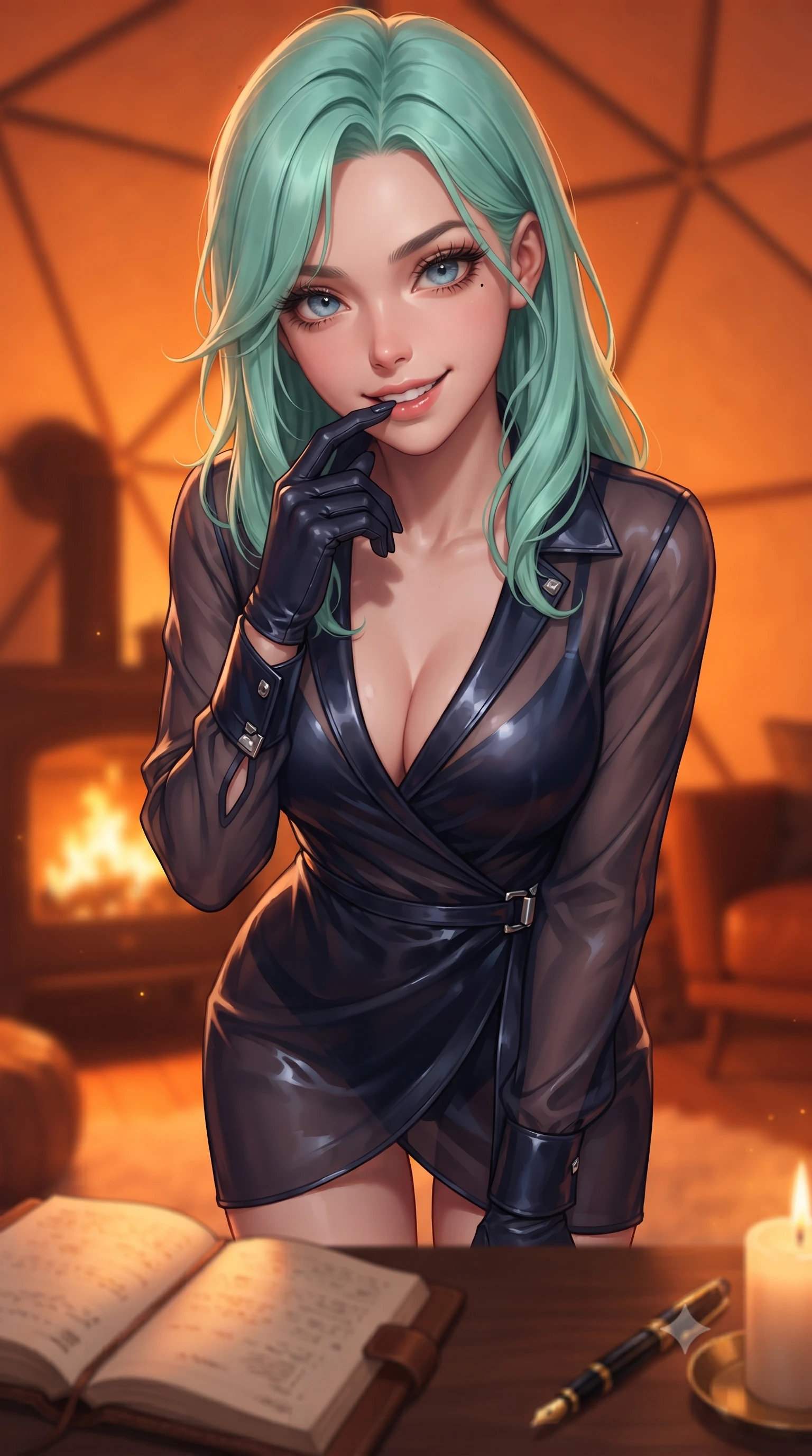 score_9, masterpiece, best quality, ultra-detailed, high-budget anime keyframe, editorial fashion photography, tasteful artistic composition, Japanese woman. close-up cowboy shot from the waist and thighs up, the character dominates the composition, filling the frame with her large presence, background elements kept in soft focus. gently touching her lower lip with one finger, looking up at the viewer with a deeply charming, sultry smile set against a soft-focus background of inside an exclusive geodesic dome with an open leather journal and a gold fountain pen sitting next to a candle. She has an exceptionally elegant, slender, and willowy female figure with an ultra-slim waist, a gracefully sculpted slender torso, and a refined silhouette. sharp v-shaped jawline, high-bridge nose, intricate jewel-like eyes with depth, thick eyelashes, glossy lips with a natural sheen. wearing slim-fit midnight navy sheer organza sleek long-sleeve silk wrap dress contouring her ultra-slim waist elegantly accented with delicate silver hardware. bathed in cozy, flickering fireplace light that paints the room in a warm orange wash. ultra-reflective glossy finish, specular highlights, metallic sheen, high-contrast stereoscopic depth, volumetric dynamic lighting, 2k, ultra detail, master piece, 9:16 ratio