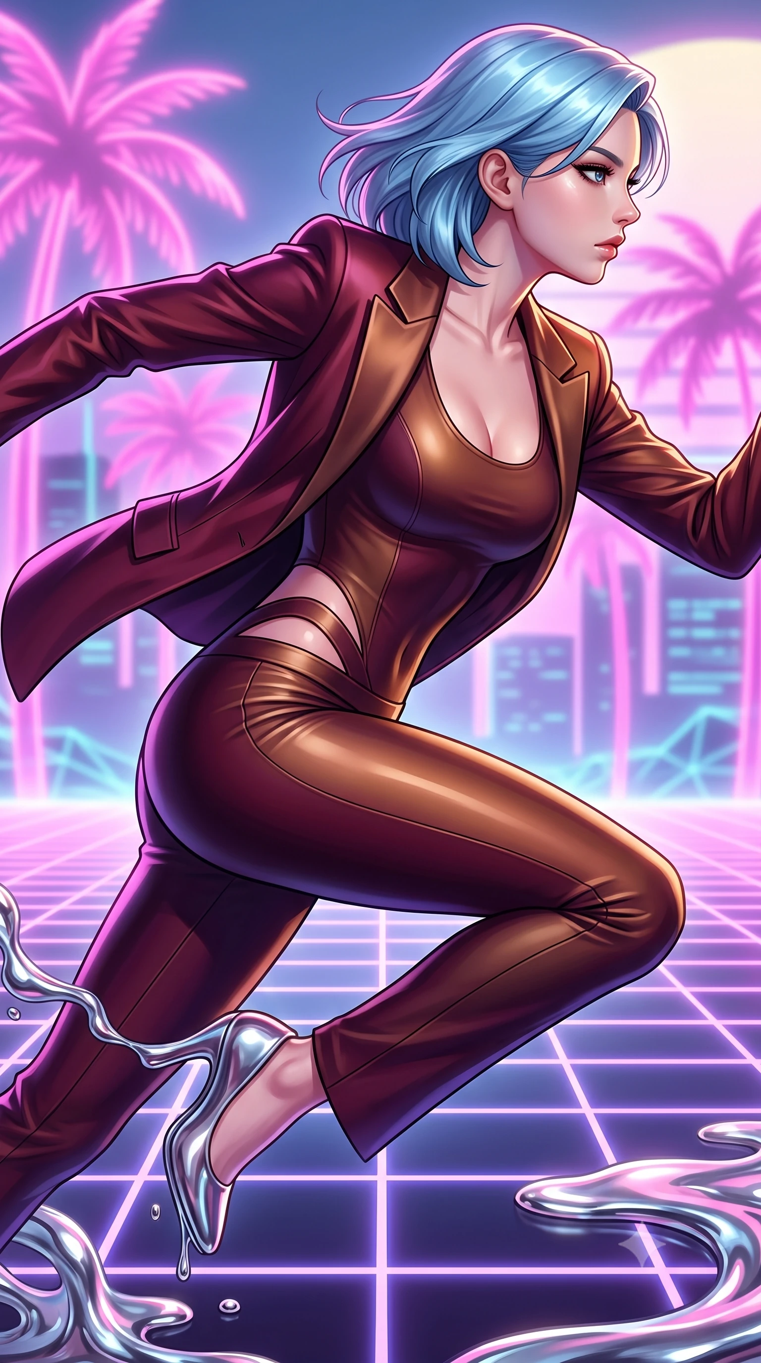 score_9, masterpiece, best quality, ultra-detailed, high-budget anime keyframe, editorial fashion photography, tasteful artistic composition, Korean woman. close-up cowboy shot from the waist and thighs up, the character dominates the composition, filling the frame with her large presence, background elements kept in soft focus. Turning her face in sharp profile while her upper body leans forward with poised athletic grace while leaping across a synthwave grid floor surrounded by lo-fi pink neon palm trees, liquid mercury corals flowing smooth like molten chrome around her feet. She has an exceptionally elegant, slender, and willowy female figure with an ultra-slim waist, a gracefully sculpted slender torso, and a refined silhouette. sharp v-shaped jawline, high-bridge nose, intricate jewel-like eyes with depth, thick eyelashes, glossy lips with a natural sheen, flawlessly proportioned anatomical accuracy, natural body alignment, perfectly sculpted elegant limbs, clean dynamic posture without body distortion. wearing a tailored silk blazer over a form-contouring scoop-neck top and slacks in deep burgundy and bronze, formed from sleek second-skin neoprene, featuring subtle geometric cutouts that highlight her ultra-slim midriff, the tailored fabric tightly following every curve of her athletic build. illuminated by retro lo-fi backlighting and brilliant liquid speculars. highly saturated vibrant anime colors, detailed shading with soft gradients, rich glossy textures, high-contrast stereoscopic depth, volumetric dynamic lighting, master piece, 9:16 ratio