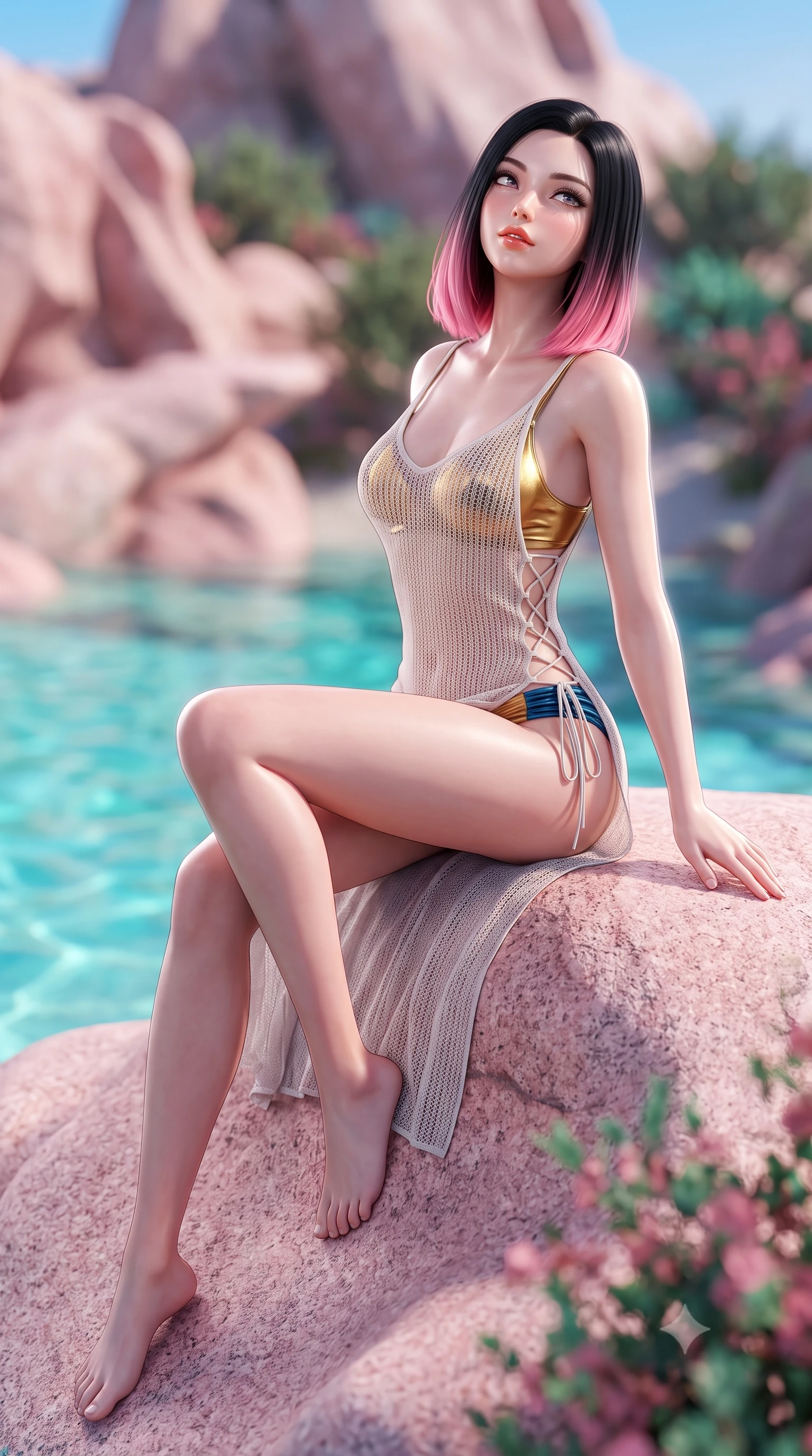 score_9, masterpiece, best quality, ultra-detailed, high-budget anime keyframe, semi-realistic 3D game render, editorial fashion photography, tasteful artistic composition, Korean woman. low angle full-body shot from head to toe showing her feet, filling the entire 9:16 vertical frame with her statuesque presence, stretching her vertical silhouette. sitting poised on the stone steps with one knee bent, arching her spine with supermodel elegance as she glances upward through thick eyelashes while standing on the smooth wind-sculpted pink granite boulder, arching her spine with breathtaking statuesque presence against emerald water. The background shows a soft-focus surreal wind-carved granite rock formations, gin-clear turquoise lagoon, and wild juniper bushes blurred into rose-quartz, emerald, and azure bokeh. She has an absolutely perfect, statuesque 8.5-heads proportion, an exceptionally tall and slender model-like female figure with impossibly long slender legs, an ultra-slim waist, a flat toned midriff, narrow delicate ribcage, and beautifully sculpted feminine hips creating a graceful, slim hourglass silhouette without any bulky heaviness. sharp v-shaped jawline, high-bridge nose, sparkling eyes with hypnotic seductive depth, thick curled eyelashes, glossy parted lips with a natural dewy peach sheen, alluring bedroom-eyes with an enchanting coquettish smile, exuding magnetic siren charisma and sophisticated glamour, flawlessly proportioned anatomical accuracy, strict slender model proportions, natural body alignment, perfectly sculpted long slender limbs, ultra-slim waistline, clean dynamic posture without body distortion. wearing a delicate semi-sheer crochet knit beach slip dress worn over a metallic micro-bralette and ruched bikini briefs in molten liquid gold and deep ocean sapphire, made of sheer gossamer chiffon that drapes softly against skin with airy translucence, featuring fine criss-cross lace-up side ties revealing tantalizing glimpses of her hip curve, the liquid-tight tailored fabric clinging flawlessly to her narrow waist and rounded feminine hips, emphasizing every millimeter of her sculpted slim hourglass curves without any bulky heaviness. illuminated by lagoon water caustic bounce and sharp platinum rim lights defining her delicate clavicles, narrow waist, and curvy hips. highly saturated vibrant anime colors, detailed shading with soft gradients, rich glossy textures, high-contrast stereoscopic depth, volumetric dynamic lighting, master piece, 9:16 ratio