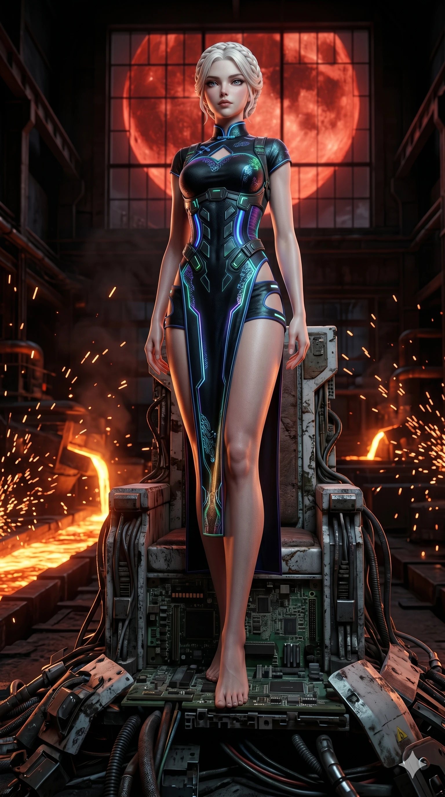 score_9, masterpiece, best quality, ultra-detailed, Photorealistic 8k CG, masterpiece, hyper-realistic SSS skin texture, cinematic ray-tracing, every pore and strand of hair rendered with extreme precision, 8k resolution, Japanese woman with delicate and elegant anime-inspired features. Dynamic full-body shot stretching the vertical silhouette, capturing her from a powerful low-angle perspective. Standing victorious on a grand throne made of calcified logic-boards and discarded cybernetics under the ominous glow of a massive blood moon. She has an absolutely perfect 8-heads proportion, an exceptionally tall and slender female figure with impossibly long slender legs and an ultra-slim waist, her statuesque height and towering silhouette dominating the vertical 9:16 frame. Her face is a masterpiece featuring a sharp v-shaped jawline, high-bridge nose, intricate jewel-like eyes with depth, thick eyelashes, and glossy lips with a natural sheen. She is wearing a Cyberpunk neon-lit qipao with a dangerous high slit and intricate digital embroidery crafted from Bioluminescent silk that emits a soft, ethereal glow from within the fabric, with integrated neon-lit tactical gear and suggestive cutouts on the thighs. The scene is set in a gritty industrial factory with glowing molten metal, flying sparks, and deep shadows, illuminated by dynamic strobe effects that capture her movement in a series of sharp fragments. 2k, ultra detail, master piece, 9:16 ratio