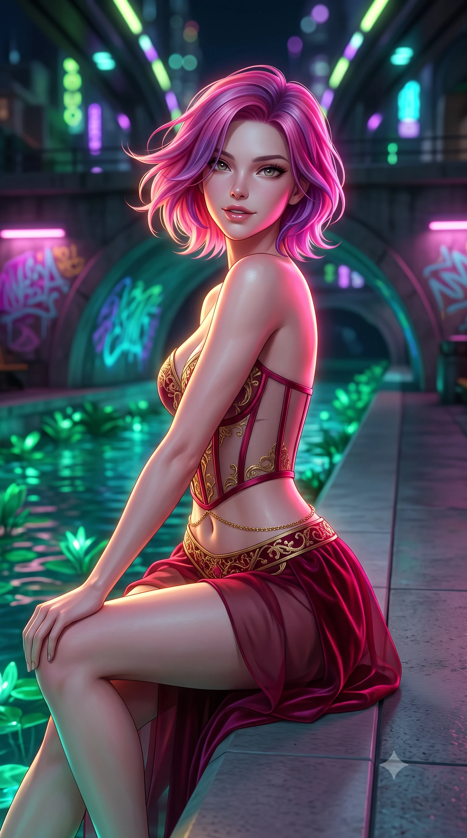 score_9, masterpiece, best quality, ultra-detailed, high-budget anime keyframe, semi-realistic 3D game render, editorial fashion photography, tasteful artistic composition, Caucasian woman. close-up cowboy shot from the waist and thighs up, the character dominates the composition, filling the frame with her large presence. turning slowly with an enchanting smoldering smile, her glossy hair tossing in the breeze as her hips angle gracefully in a captivating contrapposto while sitting poised on the sleek concrete canal ledge with one knee bent, arching her back with playful elegance and parted glossy lips. The background shows a soft-focus bioluminescent emerald water plants, neon graffiti decals glowing on concrete arches, and overhead maglev track lights blurred into lime, violet, and turquoise bokeh. She has an exceptionally elegant, slender, and willowy female figure with an ultra-slim waist, flat toned midriff, narrow ribcage, and sculpted feminine hips creating an alluring, slim hourglass silhouette without bulk. sharp v-shaped jawline, high-bridge nose, intricate jewel-like sparkling eyes with depth, thick eyelashes, glossy parted lips with a natural peach sheen, bright cheerful beaming smile with an enchanting and coquettish sensual glint, exuding both youthful cute charm and seductive allure, flawlessly proportioned anatomical accuracy, strict slender model proportions, natural body alignment, perfectly sculpted long slender limbs, ultra-slim waistline, clean dynamic posture without body distortion. wearing a provocative translucent mesh corset bodice with boned satin channels paired with a sheer chiffon wrap skirt in Cyber-Baroque gilded gold and royal crimson velvet, made of fluid liquid jersey with seamless sculpting hold and smooth contours, accented with a dainty gold belly chain resting across her flat midriff and curving hips, the liquid-tight tailored fabric clinging flawlessly to her narrow waist and rounded feminine hips, emphasizing every millimeter of her sculpted slim hourglass curves without any bulky heaviness. illuminated by canal water reflection bounce and sharp neon-pink rim lights sculpting her jawline, narrow waist, and curvy hips. highly saturated vibrant anime colors, detailed shading with soft gradients, rich glossy textures, high-contrast stereoscopic depth, volumetric dynamic lighting, master piece, 9:16 ratio