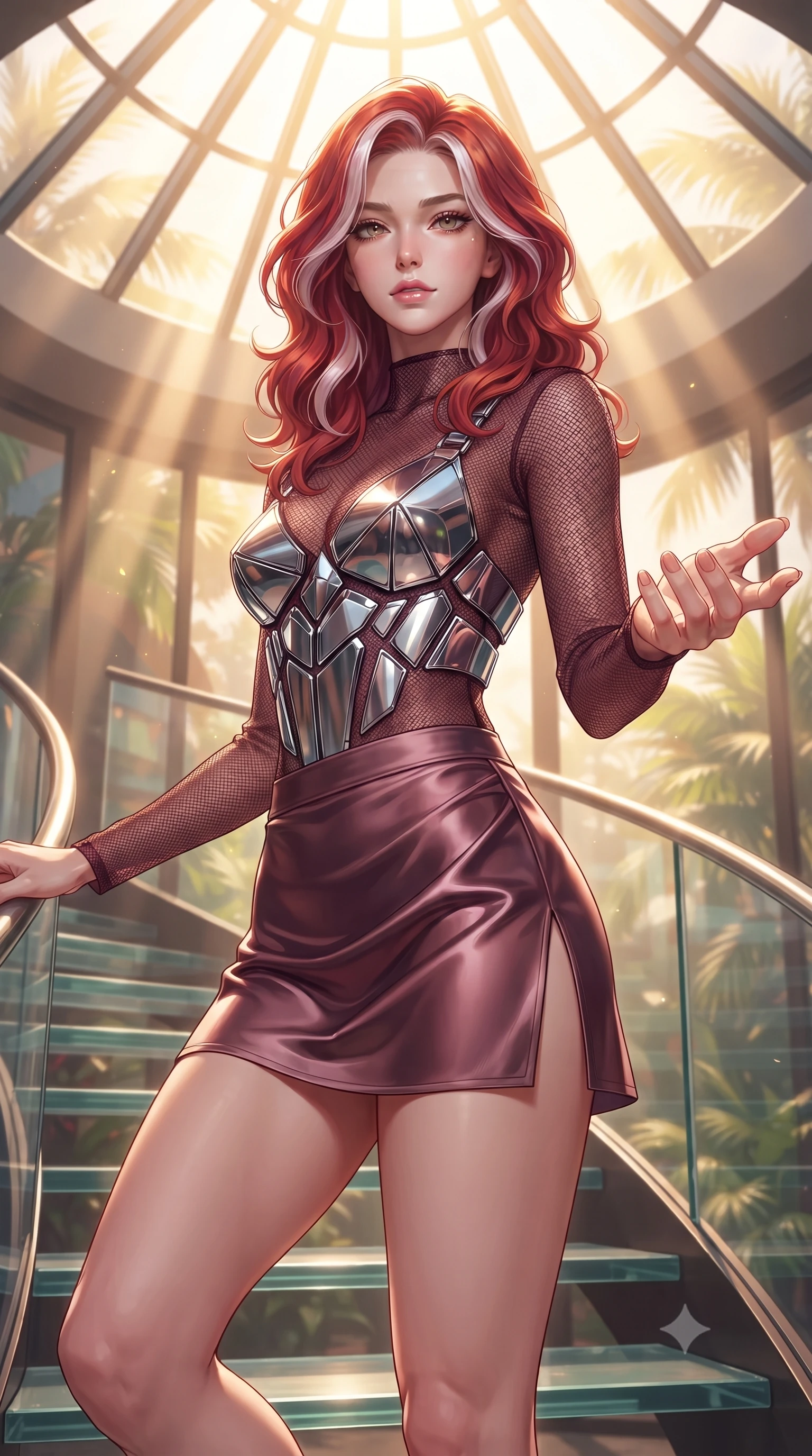 score_9, masterpiece, best quality, ultra-detailed, high-budget anime keyframe, editorial fashion photography, tasteful artistic composition, Caucasian woman. close-up cowboy shot from the waist and thighs up, the character dominates the composition, filling the frame with her large presence, background elements kept in soft focus. Reaching one hand gracefully toward the viewer with effortless superiority and allure ascending a vertical spiral glass staircase enveloped by tropical sunbeams, intense volumetric sunbeams filtering through the glass ceiling. She has an exceptionally elegant, slender, and willowy female figure with an ultra-slim waist, a gracefully sculpted slender torso, and a refined silhouette. sharp v-shaped jawline, high-bridge nose, intricate jewel-like eyes with depth, thick eyelashes, glossy lips with a natural sheen. wearing a chrome-plated structured bodice worn over a sheer mesh top and micro-shorts in deep burgundy and bronze, crafted from lustrous satin jersey with fluid draping, finished with a sleek side slit ascending to mid-thigh, the tailored fabric tightly following every curve of her athletic build. bathed in warm golden sunlight and soft emerald bioluminescent glow. highly saturated vibrant anime colors, detailed shading with soft gradients, rich glossy textures, high-contrast stereoscopic depth, volumetric dynamic lighting, master piece, 9:16 ratio