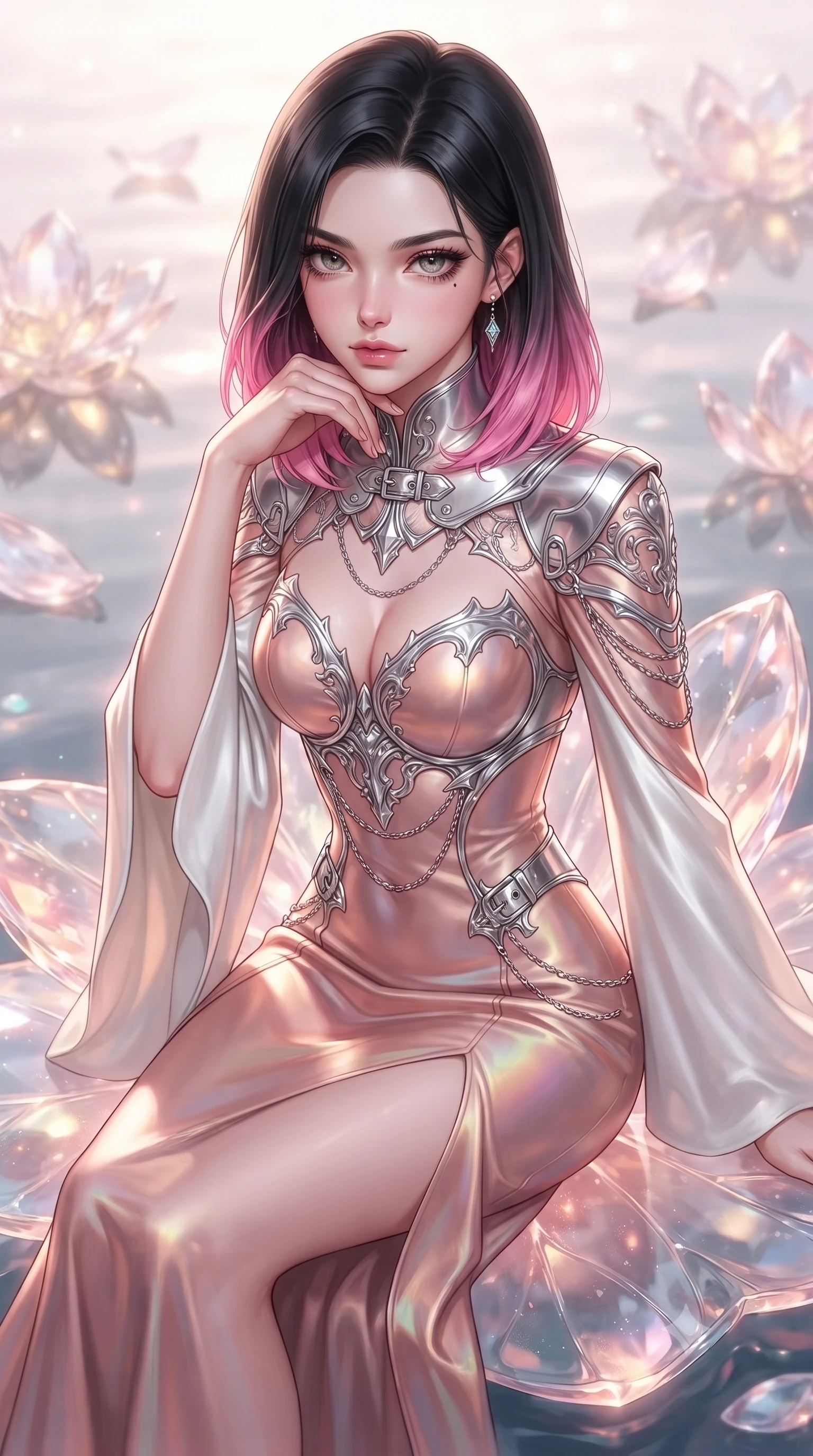 score_9, masterpiece, best quality, ultra-detailed, high-budget anime keyframe, editorial fashion photography, tasteful artistic composition, Korean woman. close-up cowboy shot from the waist and thighs up, the character dominates the composition, filling the frame with her large presence, background elements kept in soft focus. Resting her chin on the backs of her fingers with an air of effortless superiority, poised on a giant crystal lotus leaf in a mirror-still opal pond, translucent crystal lotus petals scattering soft pink and gold light. She has an exceptionally elegant, slender, and willowy female figure with an ultra-slim waist, a gracefully sculpted slender torso, and a refined silhouette. sharp v-shaped jawline, high-bridge nose, intricate jewel-like eyes with depth, thick eyelashes, glossy lips with a natural sheen. wearing gothic high-collar rose-gold silk evening gown with long bell sleeves in pearl white, made of sculpted platinum chrome, framed by polished silver buckles and delicate chain details, accentuating her gracefully sculpted slender torso. surrounded by a gentle glowing aura of crystal lotus light. highly saturated vibrant anime colors, detailed shading with soft gradients, rich glossy textures, high-contrast stereoscopic depth, volumetric dynamic lighting, master piece, 9:16 ratio