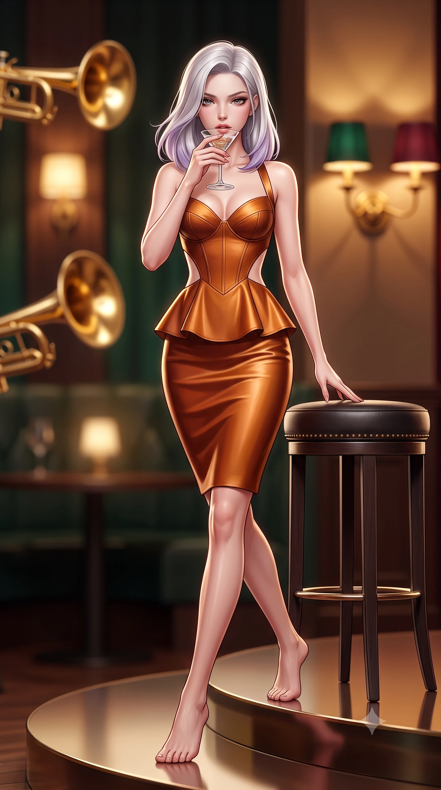 score_9, masterpiece, best quality, ultra-detailed, high-budget anime keyframe, semi-realistic 3D game render, editorial fashion photography, tasteful artistic composition, Caucasian woman. low angle full-body shot from head to toe showing her feet, filling the entire 9:16 vertical frame with her statuesque presence, stretching her vertical silhouette. striding forward in a proud supermodel runway stride, hips swaying in an alluring kinetic rhythm that accentuates her curvy hourglass silhouette while sitting high on a dark leather circular barstool with legs crossed, arching her lower back while holding a crystal cocktail glass to her parted lips. The composition keeps background elements in soft focus with creamy bokeh. golden jazz trumpet bells and glowing wall sconces blurred into warm whiskey-gold, deep emerald, and burgundy bokeh. She has an exceptionally tall and slender model-like 8.5-heads proportion, an ultra-slim waist, a flat toned midriff, narrow delicate ribcage, and beautifully sculpted feminine hips creating a graceful, slim hourglass silhouette without any bulky heaviness, with impossibly long slender legs. sharp v-shaped jawline, high-bridge nose, intricate jewel-like eyes with depth, thick eyelashes, glossy parted lips with a natural sheen, intensely captivating and seductive bedroom-eyes expression, flawlessly proportioned anatomical accuracy, strict slender model proportions, natural body alignment, perfectly sculpted long slender limbs, ultra-slim waistline, clean dynamic posture without body distortion. wearing a modern peplum corset dress with side-waist diamond cutouts and an ultra-tight silhouette in rich copper bronze and warm amber, crafted from second-skin supple lambskin leather with liquid drape, finished with criss-cross back satin straps highlighting her graceful shoulder blades, the second-skin form-contouring cut accentuating her sculpted flat midriff, narrow delicate ribcage, and gracefully curvy hips with supermodel precision. surrounded by a sultry, scandalous, and irresistibly intoxicating jazz-age siren aura. highly saturated vibrant anime colors, detailed shading with soft gradients, rich glossy textures, high-contrast stereoscopic depth, volumetric dynamic lighting, master piece, 9:16 ratio