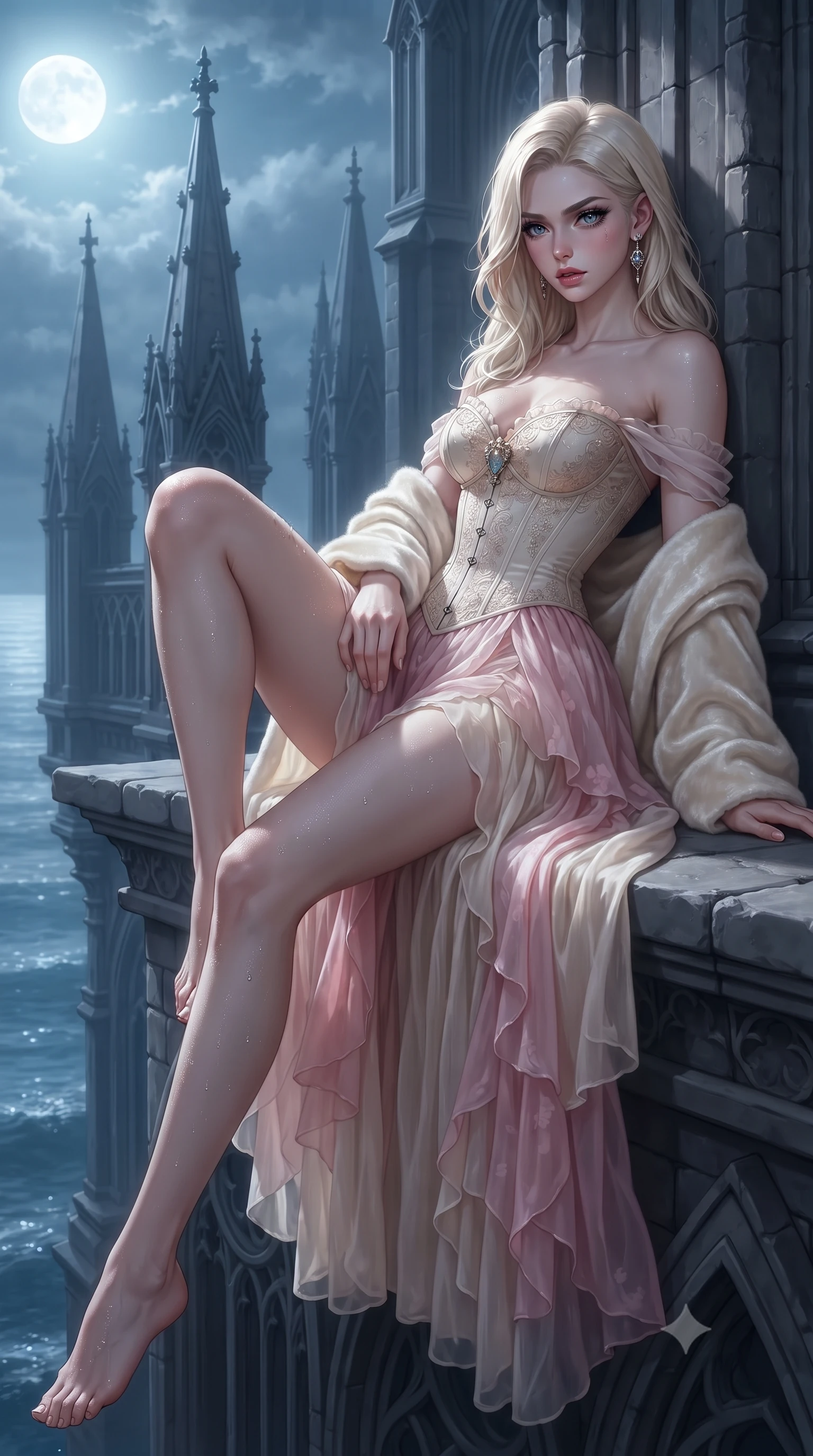 score_9, masterpiece, best quality, ultra-detailed, high-budget anime keyframe, editorial fashion photography, tasteful artistic composition, Caucasian woman. low angle full-body shot from head to toe showing her feet, filling the entire 9:16 vertical frame with her statuesque presence, stretching her vertical silhouette. reclining on her side in an elegant Cleopatra pose with one knee drawn up, the dramatic contour of her rounded hips and long slender legs commanding the 9:16 vertical frame while sitting perched on the battlements with one knee drawn up and long legs angled down, moonlight tracing her throat and sculpted waist. The surrounding environment is rendered in vivid detail and crisp panoramic clarity. detailed wind-whipped silk dress folds, sea spray beads on skin, and Gothic abbey pinnacles in high clarity. She has an exceptionally tall and slender model-like 8.5-heads proportion, an ultra-slim waist, a flat toned midriff, narrow delicate ribcage, and beautifully sculpted feminine hips creating a graceful, slim hourglass silhouette without any bulky heaviness, with impossibly long slender legs. sharp v-shaped jawline, high-bridge nose, intricate jewel-like eyes with depth, thick eyelashes, glossy parted lips with a natural sheen, intensely captivating and seductive bedroom-eyes expression, flawlessly proportioned anatomical accuracy, strict slender model proportions, natural body alignment, perfectly sculpted long slender limbs, ultra-slim waistline, clean dynamic posture without body distortion. wearing an off-shoulder French court corset bodice dress paired with a tiered translucent chiffon slit skirt in sakura blossom pink and warm ivory, woven from layered gossamer chiffon with a weightless sweeping drape, complemented by a plush velvet shawl draped loosely over her elbows, the liquid-tight tailored fabric clinging flawlessly to her narrow waist and rounded feminine hips, emphasizing every millimeter of her sculpted slim hourglass curves without any bulky heaviness. illuminated by crisp directional edge highlights sculpting her bare collarbones, slender waist, and curvy hips. ultra-reflective glossy finish, specular highlights, rich textural contrasts, high-contrast stereoscopic depth, volumetric dynamic lighting, 2k, ultra detail, master piece, 9:16 ratio