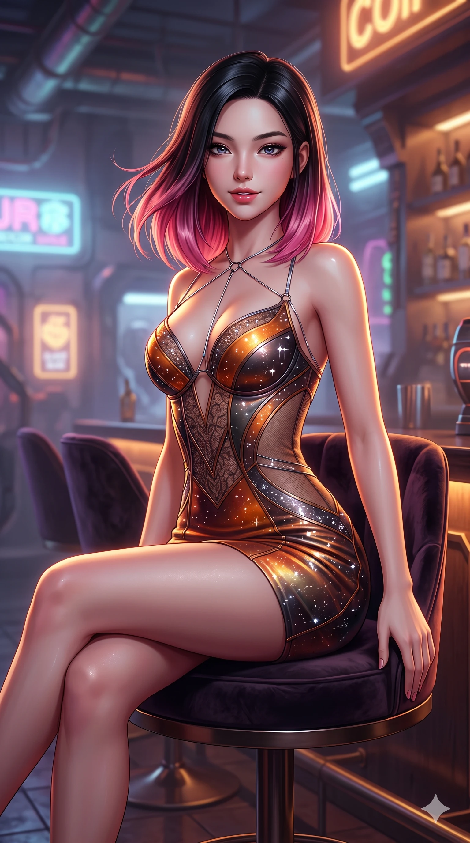 score_9, masterpiece, best quality, ultra-detailed, high-budget anime keyframe, semi-realistic 3D game render, editorial fashion photography, tasteful artistic composition, Korean woman. close-up cowboy shot from the waist and thighs up, the character dominates the composition, filling the frame with her large presence. turning slowly with an enchanting smoldering smile, her glossy hair tossing as her hips angle gracefully in a captivating contrapposto while sitting gracefully on the velvet swivel bar seat with one knee bent, flashing an enchanting smile with parted glossy lips. The background shows a soft-focus hazy speakeasy atmosphere softened in underground cyber bar shallow focus. She has an exceptionally elegant, slender, and willowy female figure with an ultra-slim waist, flat toned midriff, narrow ribcage, and sculpted feminine hips creating an alluring, slim hourglass silhouette without bulk. sharp v-shaped jawline, high-bridge nose, intricate jewel-like sparkling eyes with depth, thick eyelashes, glossy parted lips with a natural sheen, bright confident smile with an enchanting and coquettish sensual glint, exuding both youthful magnetic charm and sovereign high-tech allure, flawlessly proportioned anatomical accuracy, strict slender model proportions, natural body alignment, perfectly sculpted long slender limbs, ultra-slim waistline, clean dynamic posture without body distortion. wearing an alluring plunging sweetheart cyber-bodice dress with sheer mesh side-waist cutouts contouring her ribs in cosmic eclipse amber and starlight diamond, crafted from sheer technical cyber-lace reinforced with ultra-thin Kevlar threads, accented with a chrome-drop body harness subtly framing her dewy collarbones and spine, the liquid-tight tailored fabric clinging flawlessly to her narrow waist and rounded feminine hips, emphasizing every millimeter of her sculpted slim hourglass curves without any bulky heaviness. illuminated by counter surface bounce and sharp amber-violet rim lights sculpting her razor-sharp jawline, narrow waist, and curvy hips. highly saturated vibrant anime colors, detailed shading with soft gradients, rich glossy textures, high-contrast stereoscopic depth, volumetric dynamic lighting, master piece, 9:16 ratio