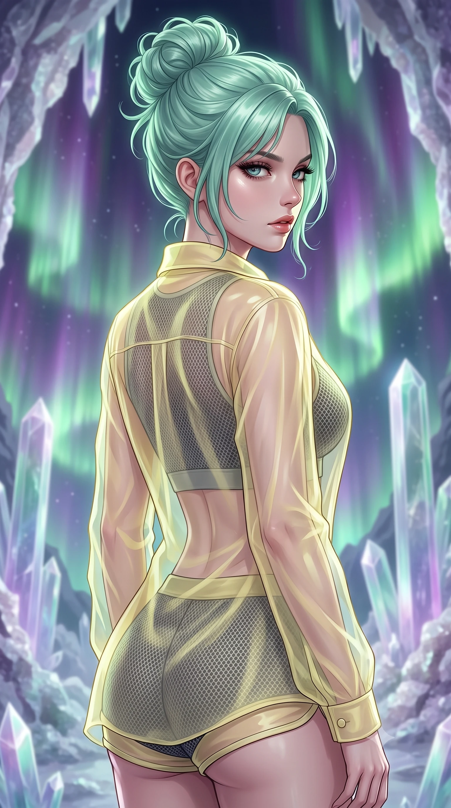 score_9, masterpiece, best quality, ultra-detailed, high-budget anime keyframe, editorial fashion photography, tasteful artistic composition, Japanese woman. close-up cowboy shot from the waist and thighs up, the character dominates the composition, filling the frame with her large presence, background elements kept in soft focus. turning her face in profile to look over her shoulder, casting a smoldering side gaze with lips slightly parted, the background shows a soft-focus a crystalline aurora cave with salt geode walls and crystal columns. She has an exceptionally elegant, slender, and willowy female figure with an ultra-slim waist, a gracefully sculpted slender torso, and a refined silhouette. sharp v-shaped jawline, high-bridge nose, intricate jewel-like eyes with depth, thick eyelashes, glossy lips with a natural sheen. wearing a body-hugging sheer organza combat shirt in pale yellow, worn open over a carbon-mesh crop top and micro-shorts. soft green and violet aurora polaris curtains wrapping the room in glow. ultra-reflective glossy finish, specular highlights, metallic sheen, high-contrast stereoscopic depth, volumetric dynamic lighting, 2k, ultra detail, master piece, 9:16 ratio