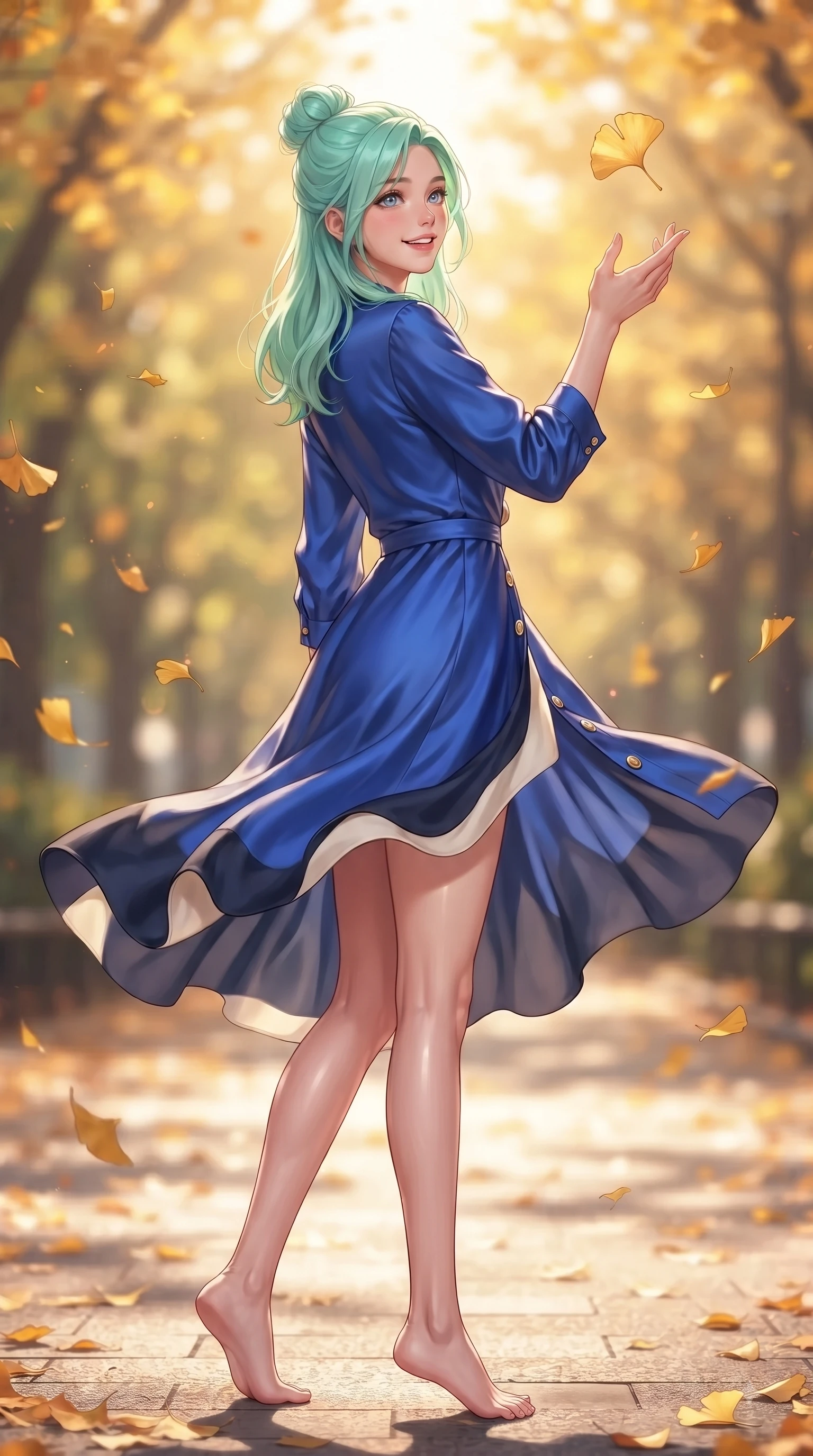score_9, masterpiece, best quality, ultra-detailed, high-budget anime keyframe, editorial fashion photography, tasteful artistic composition, Japanese woman. low angle full-body shot from head to toe showing her feet, filling the entire 9:16 vertical frame with her statuesque presence, stretching her vertical silhouette. Tender lingering expression with a quiet reluctant backward glance, as if hesitating to leave the moment while reaching up playfully to catch a golden ginkgo leaf in mid-air with a joyful smile. The composition keeps background elements in soft focus with dreamy bokeh. fluttering autumn leaves and sunlit park pathways softened in dreamy shallow depth. She has an absolutely perfect, statuesque 8.5-heads proportion, an exceptionally tall and slender model-like female figure with impossibly long slender legs and an ultra-slim waist. sharp v-shaped jawline, high-bridge nose, intricate jewel-like eyes with depth, thick eyelashes, glossy lips with a natural sheen, flawlessly proportioned anatomical accuracy, natural body alignment, perfectly sculpted elegant limbs, clean dynamic posture without body distortion. wearing an electric cobalt blue silk wrap dress with a graceful flowing hem in royal navy blue and pure ivory, woven from fine lightweight chiffon fluttering gracefully, finished with gold metallic hardware buttons along the front, the chic fashion cut framing her graceful clavicle and slender torso. surrounded by a crisp, romantic, and vibrant autumn editorial atmosphere. ultra-reflective glossy finish, specular highlights, metallic sheen, high-contrast stereoscopic depth, volumetric dynamic lighting, 2k, ultra detail, master piece, 9:16 ratio