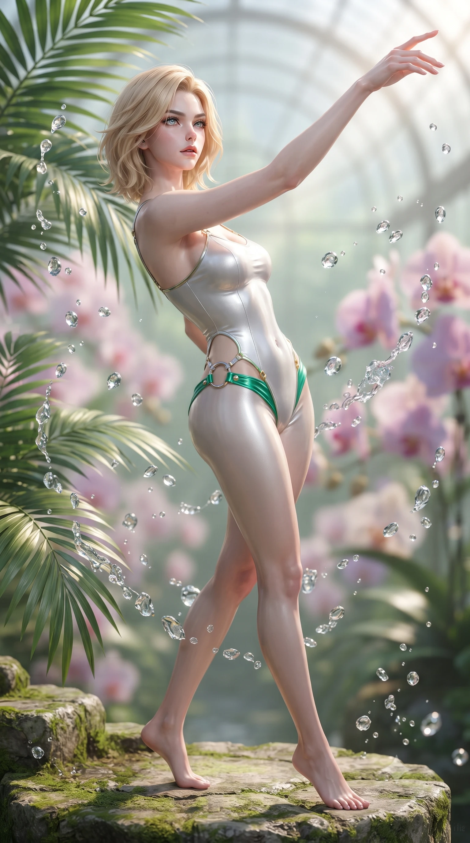 score_9, masterpiece, best quality, ultra-detailed, high-budget anime keyframe, editorial fashion photography, tasteful artistic composition, Caucasian woman. close-up cowboy shot from the waist and thighs up, the character dominates the composition, filling the frame with her large presence. extending one arm gracefully toward the light while her torso arches in a sleek, alluring curve with magnetic intensity while pivoting dynamically beside giant tropical palm fronds as crystal water droplets splash like diamonds in mid-air. The composition keeps background elements in soft focus with creamy bokeh. blooming exotic orchids and soaring glass dome arches blurred into radiant, creamy purple and emerald bokeh. She has an exceptionally elegant, slender, and willowy female figure with an ultra-slim waist, a gracefully sculpted slender torso, toned flat midriff, and a refined slim silhouette. sharp v-shaped jawline, high-bridge nose, intricate jewel-like eyes with depth, thick eyelashes, glossy lips with a natural sheen, flawlessly proportioned anatomical accuracy, strict slender model proportions, natural body alignment, perfectly sculpted long slender limbs, ultra-slim waistline, clean dynamic posture without body distortion. wearing a second-skin white liquid-mercury micro-bodysuit sculpted tightly to her slender build, featuring razor-thin metallic straps and hip cutouts in bright emerald green satin and gold hardware, made of liquid metal jersey that clings flawlessly to every contour of her build, detailed with polished silver rings connecting the daring side-waist cutouts, the liquid-tight tailored fabric emphasizing every curve of her tall, slender model proportions and sculptured silhouette during dynamic movement. surrounded by an opulent, romantic, and breathtakingly fresh floral goddess atmosphere. ultra-reflective glossy finish, specular highlights, metallic sheen, high-contrast stereoscopic depth, volumetric dynamic lighting, 2k, ultra detail, master piece, 9:16 ratio