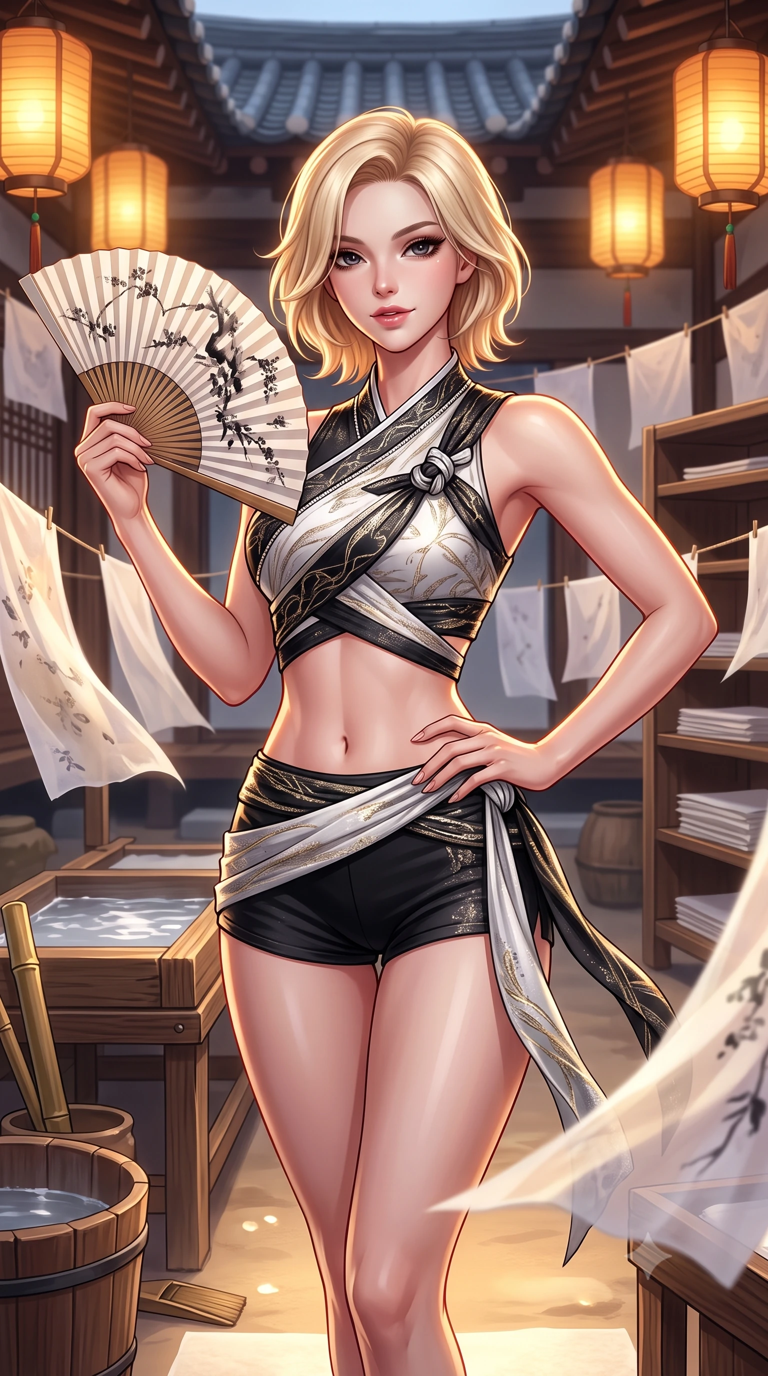 score_9, masterpiece, best quality, ultra-detailed, high-budget anime keyframe, semi-realistic 3D game render, editorial fashion photography, tasteful artistic composition, Caucasian woman. close-up cowboy shot from the waist and thighs up, the character dominates the composition, filling the frame with her large presence. twisting her slender torso in an alluring contrapposto stance, one hand resting on her sculpted hip while holding a traditional silk folding fan with effortless poise while standing poised between drying sheets of translucent mulberry paper that flutter like silk, arching her back with ethereal artistic grace. The surrounding environment is rendered in vivid detail and crisp panoramic clarity: detailed linen and silk outfit weave, warm amber lantern sheen on skin, and traditional Korean workshop craft in high resolution. She has an exceptionally elegant, slender, and willowy female figure with an ultra-slim waist, flat toned midriff, narrow ribcage, and sculpted feminine hips creating an alluring, slim hourglass silhouette without bulk. sharp v-shaped jawline, high-bridge nose, intricate jewel-like dark sparkling almond eyes with depth, thick lashes, glossy parted lips with a natural rose-plum sheen, bright alluring and coquettish smile with bedroom-eyes, exuding both timeless oriental elegance and sovereign high-fashion allure, flawlessly proportioned anatomical accuracy, strict slender model proportions, natural body alignment, perfectly sculpted long slender limbs, ultra-slim waistline, clean dynamic posture without body distortion. wearing a modern tailored martial-arts-inspired wrap crop top paired with skin-tight high-cut combat shorts and silk sashes in stark monochrome black and white ink contrast, woven from metallic gold and silver thread casting subtle starlight glints, finished with subtle crystal rhinestones tracing the elegant neckline, the form-fitting tailored bodice adhering flawlessly to her sculpted flat midriff and slender torso, emphasizing her long leg lines and perfectly proportioned willowy build. illuminated by soft floor uplighting and sharp golden-amber rim lighting carving her razor-sharp jawline, narrow waist, and curvy hips. highly saturated vibrant anime colors, detailed shading with soft gradients, rich glossy textures, high-contrast stereoscopic depth, volumetric dynamic lighting, master piece, 9:16 ratio