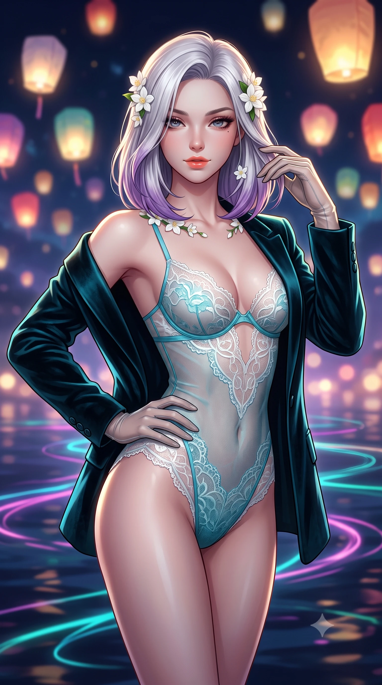 score_9, masterpiece, best quality, ultra-detailed, high-budget anime keyframe, semi-realistic 3D game render, editorial fashion photography, tasteful artistic composition, Caucasian woman. close-up cowboy shot from the waist and thighs up, the character dominates the composition, filling the frame with her large presence. twisting her slender torso in an alluring contrapposto stance, one hand resting on her sculpted hip while her fingers toy with her hair with effortless poise while twisting her slender torso in an alluring S-curve, fragrant white blossoms and neon river reflections tracing her curves. The background shows a soft-focus glowing paper lanterns softened in romantic nocturnal sky-sanctuary shallow focus. She has an exceptionally elegant, slender, and willowy female figure with an ultra-slim waist, flat toned midriff, narrow ribcage, and sculpted feminine hips creating an alluring, slim hourglass silhouette without bulk. sharp v-shaped jawline, high-bridge nose, sparkling eyes with hypnotic seductive depth, thick curled eyelashes, glossy parted lips with a natural dewy peach sheen, alluring bedroom-eyes with an enchanting coquettish smile, exuding magnetic siren charisma and sophisticated glamour, flawlessly proportioned anatomical accuracy, strict slender model proportions, natural body alignment, perfectly sculpted long slender limbs, ultra-slim waistline, clean dynamic posture without body distortion. wearing a delicate sheer French Chantilly lace teddy layered under an open tailored tuxedo blazer draped over bare shoulders in Maldives ocean cyan and shimmering pearl white, tailored from ultra-plush velvet with rich tactile depth and deep shadow gradients, complemented by sheer opera-length evening gloves tracing her slender arms, the second-skin tailored fabric adhering flawlessly to her sculpted flat midriff and slender torso, emphasizing her long leg lines and perfectly proportioned willowy build. illuminated by slate deck reflection bounce and sharp platinum-gold rim lights defining her delicate clavicles, ultra-slim waist, and curvy hips. highly saturated vibrant anime colors, detailed shading with soft gradients, rich glossy textures, high-contrast stereoscopic depth, volumetric dynamic lighting, master piece, 9:16 ratio