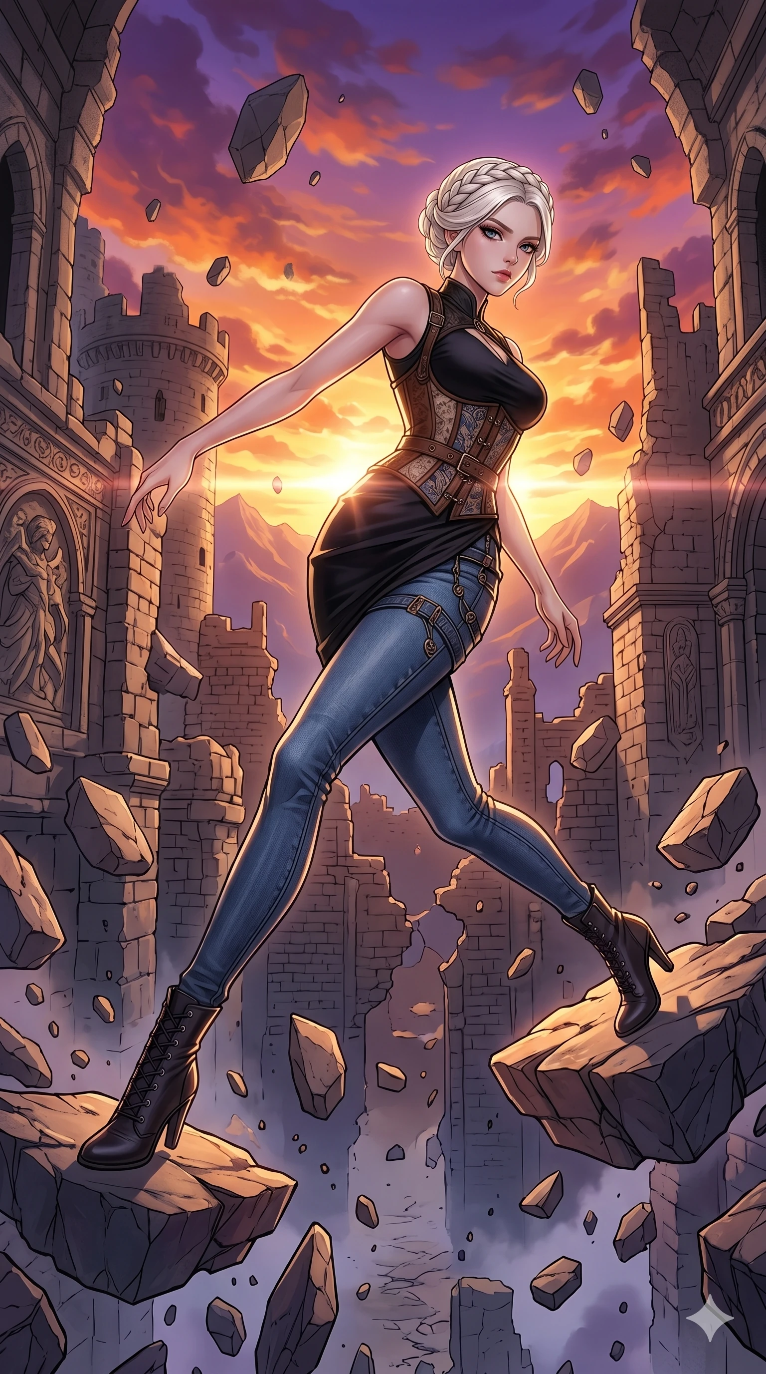 score_9, masterpiece, best quality, ultra-detailed, Set C: High-budget Anime Keyframe, Korean woman. Low angle cowboy shot filling the entire 9:16 frame with her statuesque presence. Leaping across floating debris in a crumbling castle under a vibrant sunset sky. She has an absolutely perfect 8-heads proportion, an exceptionally tall and slender female figure with elegant long slender legs and an slender waist. Sharp v-shaped jawline, high-bridge nose, intricate jewel-like eyes with depth, thick eyelashes, glossy lips. Wearing an Urban Trendsetter outfit: elegant form-fitting dress with high-waist denim and a ornate corset. Background is a bright and colorful ruin with floating stones and a fiery orange and purple sky. 2k, ultra detail, master piece, 9:16 ratio
