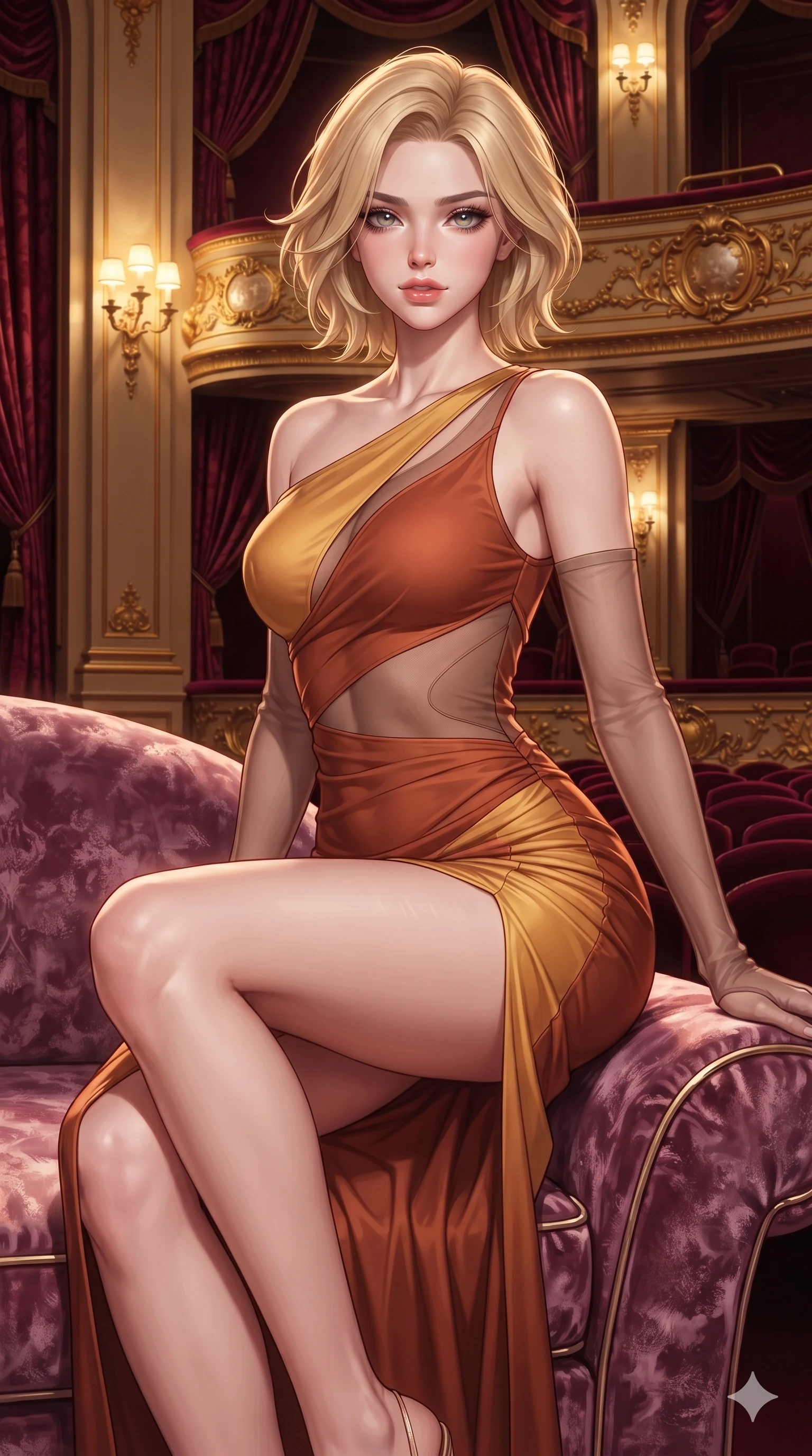 score_9, masterpiece, best quality, ultra-detailed, high-budget anime keyframe, semi-realistic 3D game render, editorial fashion photography, tasteful artistic composition, Caucasian woman. close-up cowboy shot from the waist and thighs up, the character dominates the composition, filling the frame with her large presence. perched sideways on the lounge seat, one knee drawn up to showcase her slender leg line while her arched back accentuates her feminine hip curve while twisting her slender torso in an alluring S-curve beside heavy damask portieres, warm golden ambient light tracing her flat midriff and hourglass curves. The surrounding environment is rendered in vivid detail and crisp panoramic clarity: sharp crushed velvet balustrade piping, mother-of-pearl opera glass casings, and crisp gilded cartouche relief in deep focus. She has an exceptionally elegant, slender, and willowy female figure with an ultra-slim waist, flat toned midriff, narrow ribcage, and sculpted feminine hips creating an alluring, slim hourglass silhouette without bulk. sharp v-shaped jawline, high-bridge nose, intricate jewel-like eyes with depth, thick eyelashes, glossy parted lips with a natural sheen, intensely captivating and seductive bedroom-eyes expression, flawlessly proportioned anatomical accuracy, strict slender model proportions, natural body alignment, perfectly sculpted long slender limbs, ultra-slim waistline, clean dynamic posture without body distortion. wearing a form-contouring cocktail dress with an asymmetrical open shoulder and hip-defining ruching in molten desert gold and burnt terracotta, accented with semi-sheer mesh inserts accentuating her sculpted flat midriff, complemented by sheer opera-length evening gloves tracing her slender arms, the high-slit wrap tailoring accentuating her ultra-slim waistline and the enchanting curve of her feminine hips with alluring seductive charm. bathed in warm 2500K golden wall sconce radiance contrasted with dramatic auditorium ambient glow. highly saturated vibrant anime colors, detailed shading with soft gradients, rich glossy textures, high-contrast stereoscopic depth, volumetric dynamic lighting, master piece, 9:16 ratio