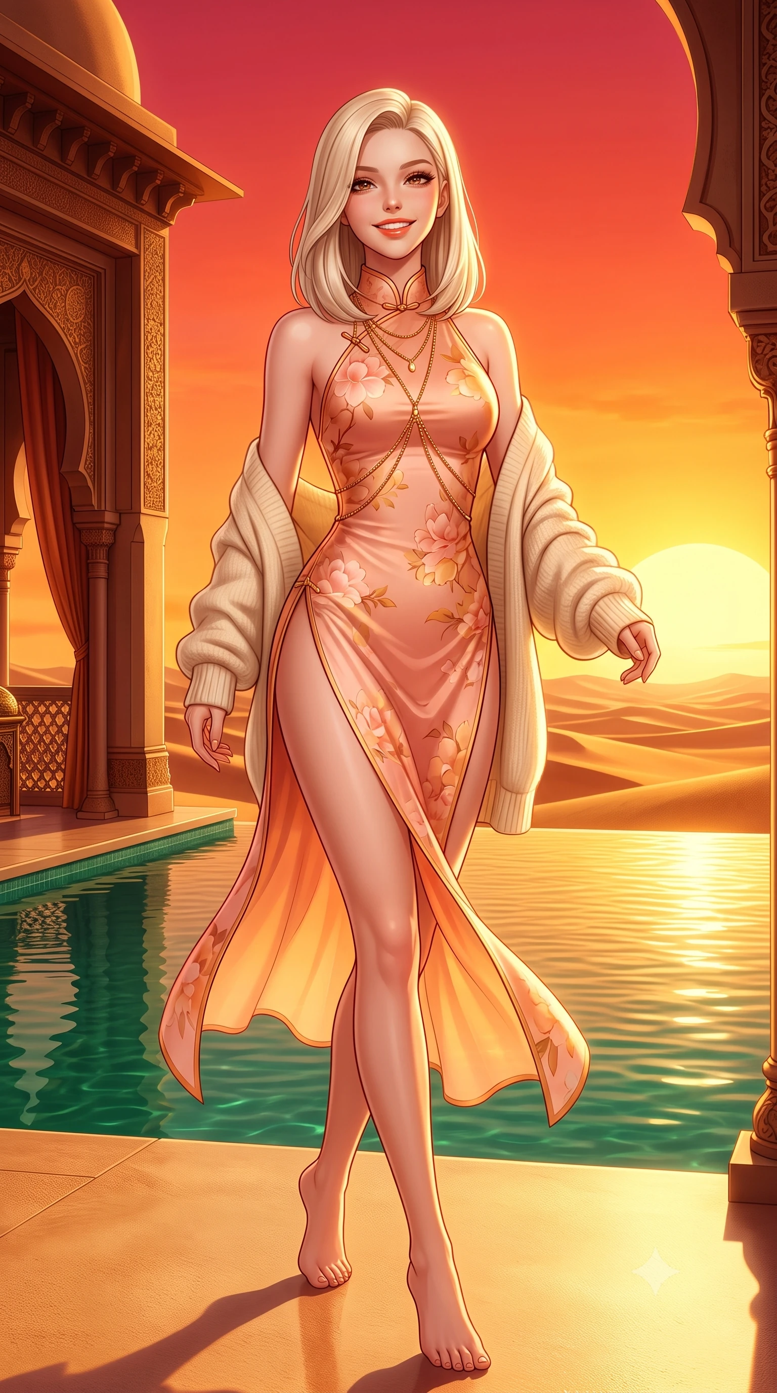 score_9, masterpiece, best quality, ultra-detailed, high-budget anime keyframe, semi-realistic 3D game render, editorial fashion photography, tasteful artistic composition, Caucasian woman. low angle full-body shot from head to toe showing her feet, filling the entire 9:16 vertical frame with her statuesque presence, stretching her vertical silhouette. stepping forward gracefully across the terrace in mid-motion with a radiant beaming smile, hips swaying in an alluring kinetic rhythm that accentuates her curvy hourglass silhouette and long slender legs while standing on the edge of the desert infinity pool where emerald water meets endless golden sand dunes, arching her spine with sovereign majesty. The surrounding environment is rendered in vivid detail and crisp panoramic clarity. detailed liquid silk gown texture, gold body chain gleam, and royal desert pavilion architecture in high resolution. She has an exceptionally tall and slender model-like 8.5-heads proportion, an ultra-slim waist, a flat toned midriff, narrow delicate ribcage, and beautifully sculpted feminine hips creating a graceful, slim hourglass silhouette without any bulky heaviness, with impossibly long slender legs. sharp v-shaped jawline, high-bridge nose, sparkling amber-hazel eyes with depth, long lush eyelashes, glossy sun-kissed lips with a warm coral glaze, radiant teasing smile with sensual sunlit bedroom-eyes, exuding effortless old-money elegance and intoxicating sun-drenched allure, flawlessly proportioned anatomical accuracy, strict slender model proportions, natural body alignment, perfectly sculpted long slender limbs, ultra-slim waistline, clean dynamic posture without body distortion. wearing a modern cute floral silk qipao mini dress with double side slits ascending to the hip in sunset peach tones in soft peach blossom pink and warm apricot gold, tailored from airy semi-sheer chiffon that flutters gently in the evening breeze, complemented by an oversized soft cashmere knit cardigan slipping off one bare shoulder, the precision-cut side openings and low-back scoop framing her graceful spine and the sensual sweep of her slim, sun-kissed hips. bathed in the intense molten-crimson and gold of the desert horizon sunset. highly saturated vibrant anime colors, detailed shading with soft gradients, rich glossy textures, high-contrast stereoscopic depth, volumetric dynamic lighting, master piece, 9:16 ratio