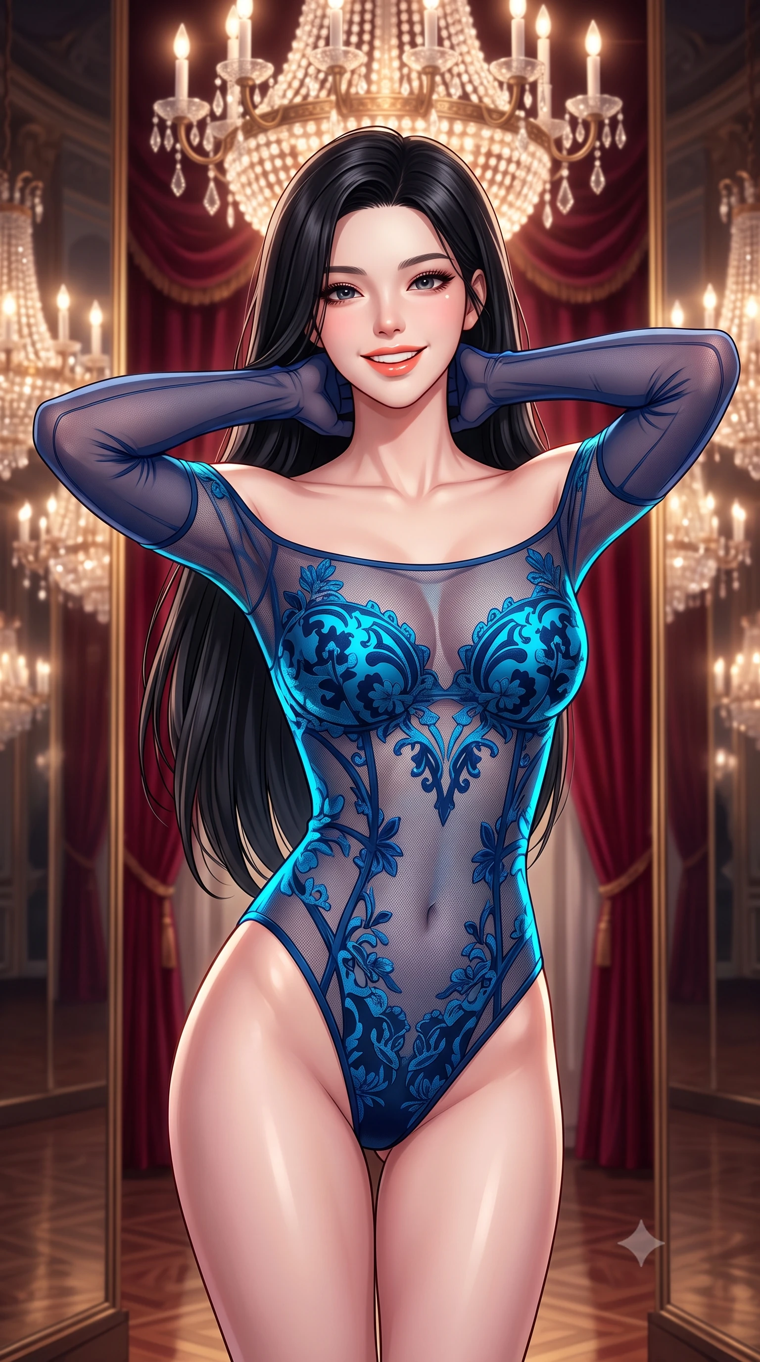 score_9, masterpiece, best quality, ultra-detailed, high-budget anime keyframe, semi-realistic 3D game render, editorial fashion photography, tasteful artistic composition, Korean woman. close-up cowboy shot from the waist and thighs up, the character dominates the composition, filling the frame with her large presence. resting both hands lightly behind her neck with elbows raised, arching her spine to highlight her narrow waist, flat midriff, and breathtaking collarbones while standing centered in the monumental mirrored gallery, arching her spine with sovereign supermodel posture as crystal chandeliers reflect into infinity. The background shows a soft-focus deep crimson velvet portieres softened in aristocratic imperial state apartment shallow focus. She has an exceptionally elegant, slender, and willowy female figure with an ultra-slim waist, flat toned midriff, narrow ribcage, and sculpted feminine hips creating an alluring, slim hourglass silhouette without bulk. sharp v-shaped jawline, high-bridge nose, intricate jewel-like sparkling eyes with depth, thick eyelashes, glossy parted lips with a natural peach sheen, bright cheerful beaming smile with an enchanting and coquettish sensual glint, exuding both youthful cute charm and seductive allure, flawlessly proportioned anatomical accuracy, strict slender model proportions, natural body alignment, perfectly sculpted long slender limbs, ultra-slim waistline, clean dynamic posture without body distortion. wearing an off-the-shoulder sheer-illusion mesh bodysuit with strategic floral flocking and high-cut leg openings in Singapore Marina Bay electric cyan and midnight sapphire, woven from fine semi-opaque stretch illusion mesh tracing her slender contours, complemented by sheer opera-length evening gloves tracing her slender arms, the bespoke structured tailoring following the natural line of her 8.5-heads silhouette with refined elegance. bathed in the sparkling multi-tiered illumination of antique Austrian crystal chandeliers dimmed to an evening glow. highly saturated vibrant anime colors, detailed shading with soft gradients, rich glossy textures, high-contrast stereoscopic depth, volumetric dynamic lighting, master piece, 9:16 ratio
