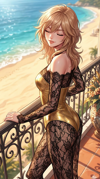 The character in the starting frame maintains their original pose, blinking slowly and looking towards the camera with a subtle, natural expression. A gentle breeze causes their hair to sway softly, providing a sense of presence. The camera executes 