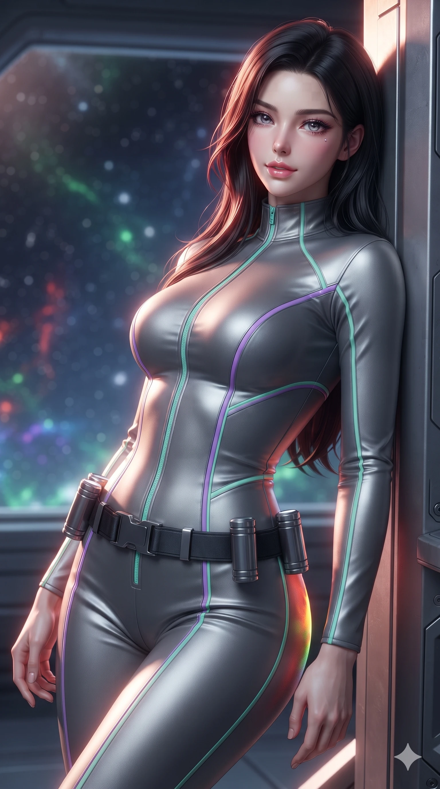 score_9, masterpiece, best quality, ultra-detailed, high-budget anime keyframe, editorial fashion photography, tasteful artistic composition, Korean woman. close-up cowboy shot from the waist and thighs up, the character dominates the composition, filling the frame with her large presence. resting both hands lightly on her tactical utility belt, arching her spine to highlight her narrow waist, flat midriff, and breathtaking collarbones while leaning against the maintenance bulkhead with relaxed seductive grace, her flat midriff and narrow waist highlighted as laser ambient light traces her curves while twisting her slender torso in an alluring S-curve, extreme relativistic Doppler-shifted light painting her narrow waist and curvy hips in fire. The background shows a soft-focus relativistic Doppler particulate glow softened in deep-space observatory shallow focus. She has an exceptionally elegant, slender, and willowy female figure with an ultra-slim waist, flat toned midriff, narrow ribcage, and sculpted feminine hips creating an alluring, slim hourglass silhouette without bulk. sharp v-shaped jawline, high-bridge nose, intricate jewel-like sparkling eyes with depth, thick eyelashes, glossy parted lips with a natural sheen, bright confident smile with an enchanting and coquettish sensual glint, exuding both youthful magnetic charm and sovereign high-tech allure, flawlessly proportioned anatomical accuracy, strict slender model proportions, natural body alignment, perfectly sculpted long slender limbs, ultra-slim waistline, clean dynamic posture without body distortion. wearing a refined long-sleeve high-collar flight jumpsuit crafted with ergonomic pressure-sealed seams in phosphorescent ultraviolet amethyst and mint green, tailored from brushed aeronautical titanium alloy with matte satin sheen, accented with a sleek utility belt with polished magnetic canisters resting loosely on her curvy hips, the bespoke structured tailoring following the natural line of her 8.5-heads silhouette with refined elegance. illuminated by viewport reflection bounce and sharp gold-crimson rim lights sculpting her razor-sharp jawline, narrow waist, and curvy hips. ultra-reflective glossy finish, specular highlights, rich textural contrasts, high-contrast stereoscopic depth, volumetric dynamic lighting, 2k, ultra detail, master piece, 9:16 ratio