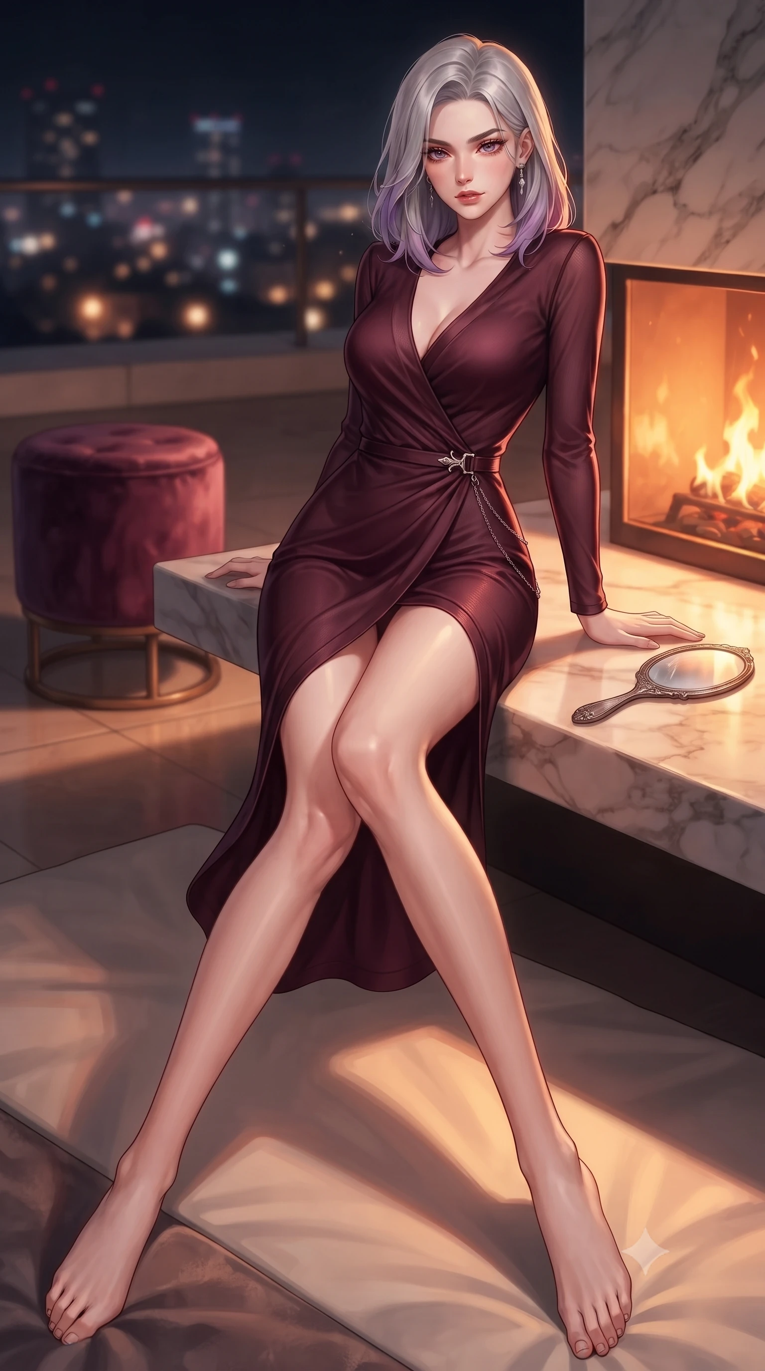 score_9, masterpiece, best quality, ultra-detailed, high-budget anime keyframe, editorial fashion photography, tasteful artistic composition, Caucasian woman. low angle full-body shot from head to toe showing her feet, filling the entire 9:16 vertical frame with her statuesque presence, stretching her vertical silhouette. relaxing on a sunbed with relaxed elegance, her slender figure stretching out gracefully under the warm glow set against a soft-focus background of inside an exclusive rooftop terrace with a velvet-wrapped stool and an antique hand mirror resting on a marble counter. She has an absolutely perfect, statuesque 8.5-heads proportion, an exceptionally tall and slender model-like female figure with impossibly long slender legs and an ultra-slim waist. sharp v-shaped jawline, high-bridge nose, intricate jewel-like eyes with depth, thick eyelashes, glossy lips with a natural sheen. wearing body-hugging deep burgundy contouring mesh sleek long-sleeve silk wrap dress contouring her ultra-slim waist elegantly accented with delicate silver hardware. bathed in cozy, flickering fireplace light that paints the room in a warm orange wash. highly saturated vibrant anime colors, detailed shading with soft gradients, rich glossy textures, high-contrast stereoscopic depth, volumetric dynamic lighting, master piece, 9:16 ratio