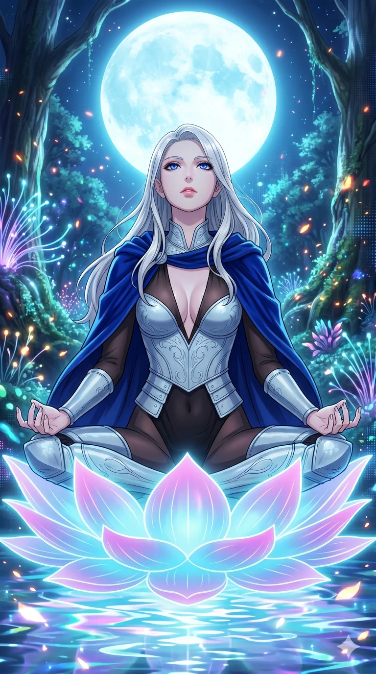 score_9, masterpiece, best quality, ultra-detailed, High-budget Anime Keyframe, vibrant colors, fluid line-art, expressive lighting, cinematic composition, Ufotable-style visual effects, top-tier animation quality, Caucasian woman with pale skin and refined features. Low angle cowboy shot filling the entire 9:16 frame with her statuesque presence, looking up to emphasize her height. Meditating atop a massive digital lotus blossom that floats on a pond of liquid light. She has an absolutely perfect 8-heads proportion, an exceptionally tall and slender female figure with impossibly long slender legs and an ultra-slim waist, her statuesque height and towering silhouette dominating the vertical 9:16 frame. Her face is a masterpiece featuring a sharp v-shaped jawline, high-bridge nose, intricate jewel-like eyes with depth, thick eyelashes, and glossy lips with a natural sheen. She is wearing a Form-fitting light silver plate armor with intricate engravings, over a sheer silk bodysuit with a deep plunging neckline, and a royal blue velvet cape.. The scene is set in a mystical grove under a giant glowing moon that illuminates the fiber-optic flora. 2k, ultra detail, master piece, 9:16 ratio
