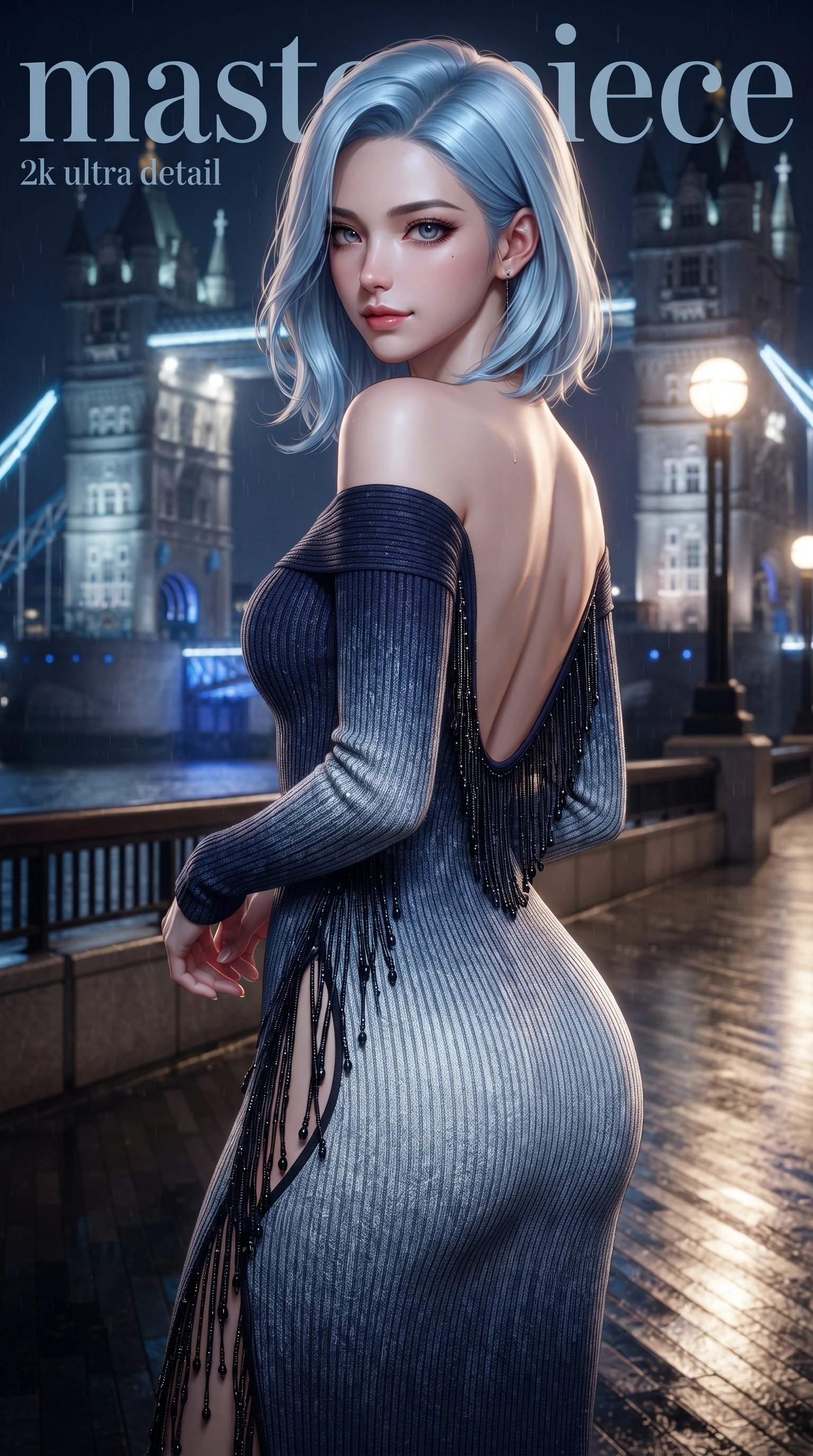 score_9, masterpiece, best quality, ultra-detailed, high-budget anime keyframe, editorial fashion photography, tasteful artistic composition, Korean woman. close-up cowboy shot from the waist and thighs up, the character dominates the composition, filling the frame with her large presence. posing in an alluring rear three-quarter angle, turning over a bare shoulder with an intoxicating, smoldering gaze, her hips cocked back to highlight her slim hourglass curve while pausing mid-stride along the illuminated river promenade with hips cocked back, looking over her shoulder with an intoxicating, smoldering half-smile. The surrounding environment is rendered in vivid detail and crisp panoramic clarity. detailed fabric texture, mist droplets catching the light, and historic London bridge architecture in high resolution. She has an exceptionally elegant, slender, and willowy female figure with an ultra-slim waist, flat toned midriff, narrow ribcage, and sculpted feminine hips creating an alluring, slim hourglass silhouette without bulk. sharp v-shaped jawline, high-bridge nose, intricate jewel-like dark sparkling eyes with dangerous depth, thick curled eyelashes, glossy parted lips with a rich wine sheen, smoldering seductive half-smile with bedroom-eyes, exuding effortless superiority and intoxicating dark allure, flawlessly proportioned anatomical accuracy, strict slender model proportions, natural body alignment, perfectly sculpted long slender limbs, ultra-slim waistline, clean dynamic posture without body distortion. wearing a form-contouring off-shoulder ribbed cashmere bodycon midi dress with a low-back scoop in midnight indigo and icy platinum, tailored from fine lightweight midnight wool crepe with crisp architectural structure, accented with fine jet-black beaded tassels that sway with each movement, the precision-cut side openings and low-back scoop framing her graceful spine and the sensual sweep of her slim, toned hips. bathed in cool ethereal cobalt bridge floodlights and warm golden promenade streetlights. ultra-reflective glossy finish, specular highlights, rich textural contrasts, high-contrast stereoscopic depth, volumetric dynamic lighting, 2k, ultra detail, master piece, 9:16 ratio