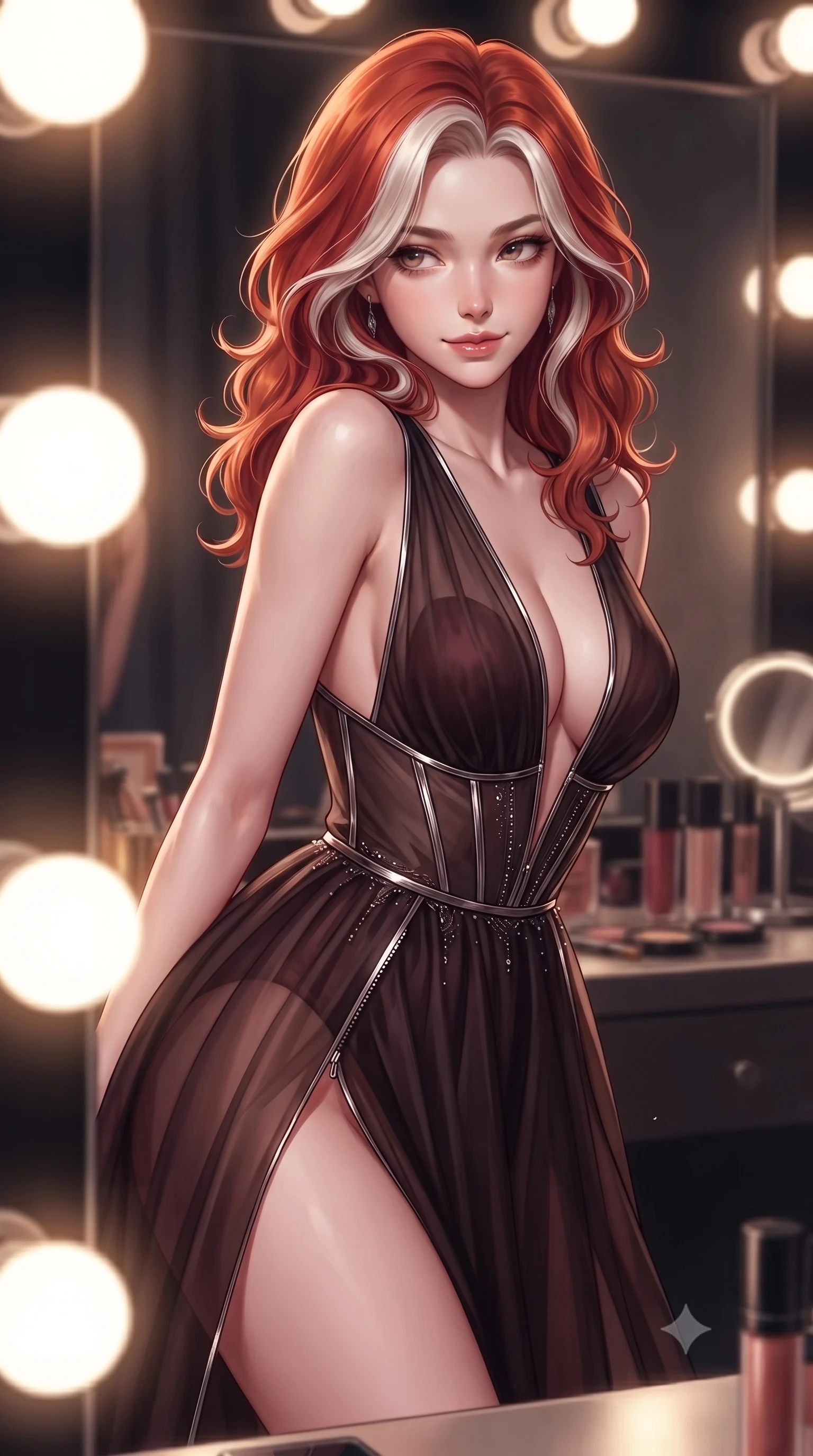 score_9, masterpiece, best quality, ultra-detailed, high-budget anime keyframe, editorial fashion photography, tasteful artistic composition, Caucasian woman. close-up cowboy shot from the waist and thighs up, the character dominates the composition, filling the frame with her large presence, background elements kept in soft focus. Glancing sidelong over her shoulder with a smoldering, enigmatic half-smile, looking into the lighted vanity glass with direct magnetic self-assurance, warm round vanity light bulbs creating brilliant circular rim highlights. She has an exceptionally elegant, slender, and willowy female figure with an ultra-slim waist, a gracefully sculpted slender torso, and a refined silhouette. sharp v-shaped jawline, high-bridge nose, intricate jewel-like eyes with depth, thick eyelashes, glossy lips with a natural sheen. wearing deep plunging V-neckline midnight gown with daring high thigh slit in dark mahogany, made of sheer dark organza overlay, finished with metallic silver boning and sleek zipper points, highlighting her statuesque proportions and ultra-slim waistline. bathed in high-contrast studio spotlighting with crisp specular glints. highly saturated vibrant anime colors, detailed shading with soft gradients, rich glossy textures, high-contrast stereoscopic depth, volumetric dynamic lighting, master piece, 9:16 ratio