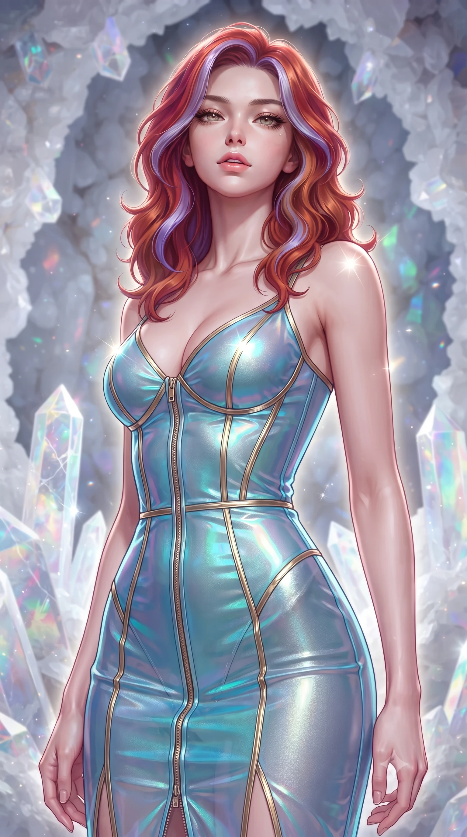 score_9, masterpiece, best quality, ultra-detailed, high-budget anime keyframe, editorial fashion photography, tasteful artistic composition, Caucasian woman. close-up cowboy shot from the waist and thighs up, the character dominates the composition, filling the frame with her large presence, background elements kept in soft focus. Tilting her chin up slightly with lips parted in a composed, magnetic expression, inside a colossal white quartz geode cavern illuminated by glowing crystal spires, translucent quartz crystals revealing internal fractures and iridescent colors. She has an exceptionally elegant, slender, and willowy female figure with an ultra-slim waist, a gracefully sculpted slender torso, and a refined silhouette. sharp v-shaped jawline, high-bridge nose, intricate jewel-like eyes with depth, thick eyelashes, glossy lips with a natural sheen. wearing second-skin iridescent hologram organza bodycon maxi dress in sky blue turquoise, made of liquid mercury jersey, finished with metallic gold boning and sleek zipper points, contouring every curve with an exceptionally elegant silhouette. surrounded by a glowing inner light aura with sharp specular glints. highly saturated vibrant anime colors, detailed shading with soft gradients, rich glossy textures, high-contrast stereoscopic depth, volumetric dynamic lighting, master piece, 9:16 ratio