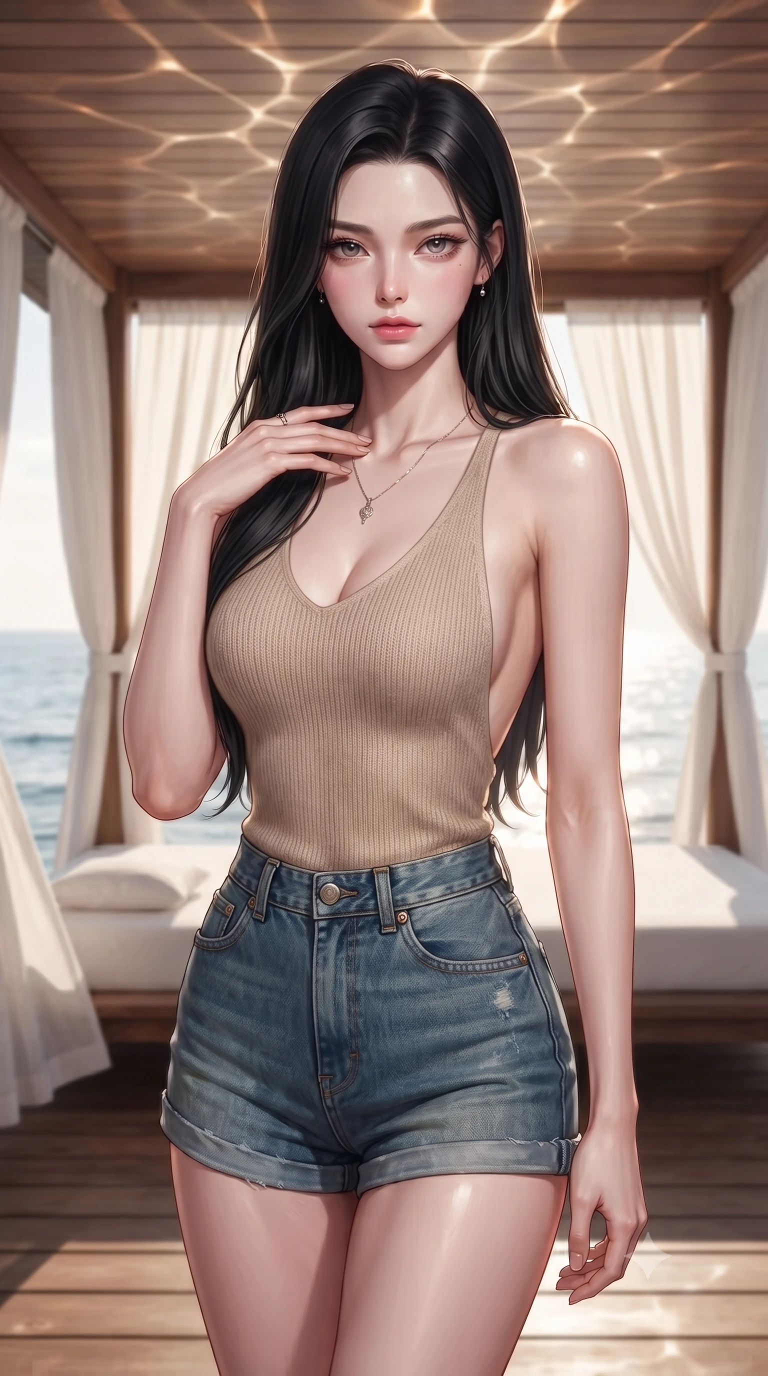score_9, masterpiece, best quality, ultra-detailed, high-budget anime keyframe, editorial fashion photography, tasteful artistic composition, Korean woman. close-up cowboy shot from the waist and thighs up, the character dominates the composition, filling the frame with her large presence, background elements kept in soft focus. standing with one hand resting on her collarbone, looking at the viewer with bedroom-eyes the background shows a soft-focus a secluded oceanfront villa terrace with white linen drapes and teak wood flooring. She has an exceptionally elegant, slender, and willowy female figure with an ultra-slim waist, a gracefully sculpted slender torso, and a refined silhouette. sharp v-shaped jawline, high-bridge nose, intricate jewel-like eyes with depth, thick eyelashes, glossy lips with a natural sheen. wearing a body-hugging backless knit top in beige wool, paired with high-waisted denim shorts. bright ocean sunbeams reflecting off water onto the wooden canopy. ultra-reflective glossy finish, specular highlights, metallic sheen, high-contrast stereoscopic depth, volumetric dynamic lighting, 2k, ultra detail, master piece, 9:16 ratio