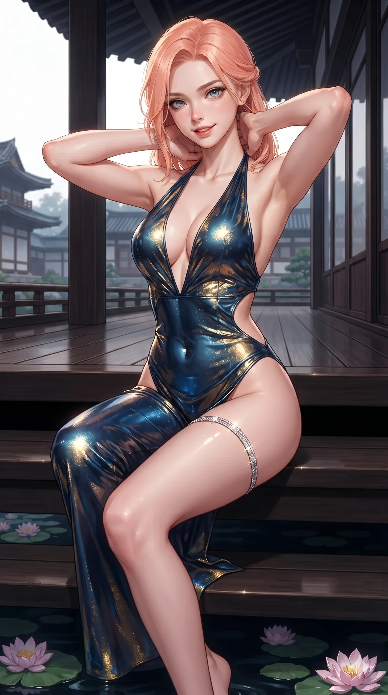 score_9, masterpiece, best quality, ultra-detailed, high-budget anime keyframe, editorial fashion photography, tasteful artistic composition, Japanese woman. close-up cowboy shot from the waist and thighs up, the character dominates the composition, filling the frame with her large presence. resting both hands lightly behind her neck with elbows raised, arching her spine to highlight her narrow waist, flat midriff, and breathtaking collarbones while sitting perched on the lacquered veranda steps with legs crossed, arching her lower back with breathtaking siren grace as lotus blossoms drift below. The surrounding environment is rendered in vivid detail and crisp panoramic clarity: detailed fusion hanbok bustier tailoring, micro-pleated skirt drape, and palace architecture in razor-sharp clarity. She has an exceptionally elegant, slender, and willowy female figure with an ultra-slim waist, flat toned midriff, narrow ribcage, and sculpted feminine hips creating an alluring, slim hourglass silhouette without bulk. sharp v-shaped jawline, high-bridge nose, sparkling eyes with hypnotic seductive depth, thick curled eyelashes, glossy parted lips with a natural dewy peach sheen, alluring bedroom-eyes with an enchanting coquettish smile, exuding magnetic siren charisma and sophisticated glamour, flawlessly proportioned anatomical accuracy, strict slender model proportions, natural body alignment, perfectly sculpted long slender limbs, ultra-slim waistline, clean dynamic posture without body distortion. wearing a backless liquid metallic lamé plunge halterneck jumpsuit with high-cut side hip cutouts in deep ocean cobalt and shimmering gold leaf, crafted from wet-look high-gloss vinyl fabric with dazzling specular surface reflections, accented with a delicate crystal-encrusted thigh garter strap glinting under the lights, the impeccably tailored cut draping gracefully along her slender figure with aristocratic eastern poise. illuminated by dark water reflection bounce and sharp silver-rose rim lights defining her razor-sharp jawline, narrow waist, and curvy hips. ultra-reflective glossy finish, specular highlights, rich textural contrasts, high-contrast stereoscopic depth, volumetric dynamic lighting, 2k, ultra detail, master piece, 9:16 ratio