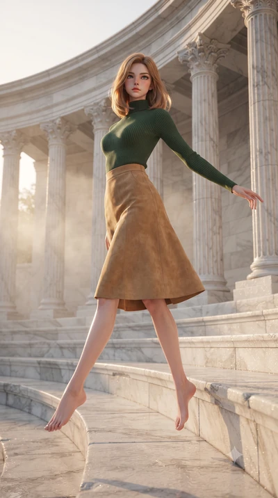 score_9, masterpiece, best quality, ultra-detailed, high-budget anime keyframe, editorial fashion photography, tasteful artistic composition, Korean woman. low angle full-body shot from head to toe showing her feet, filling the entire 9:16 vertical f
