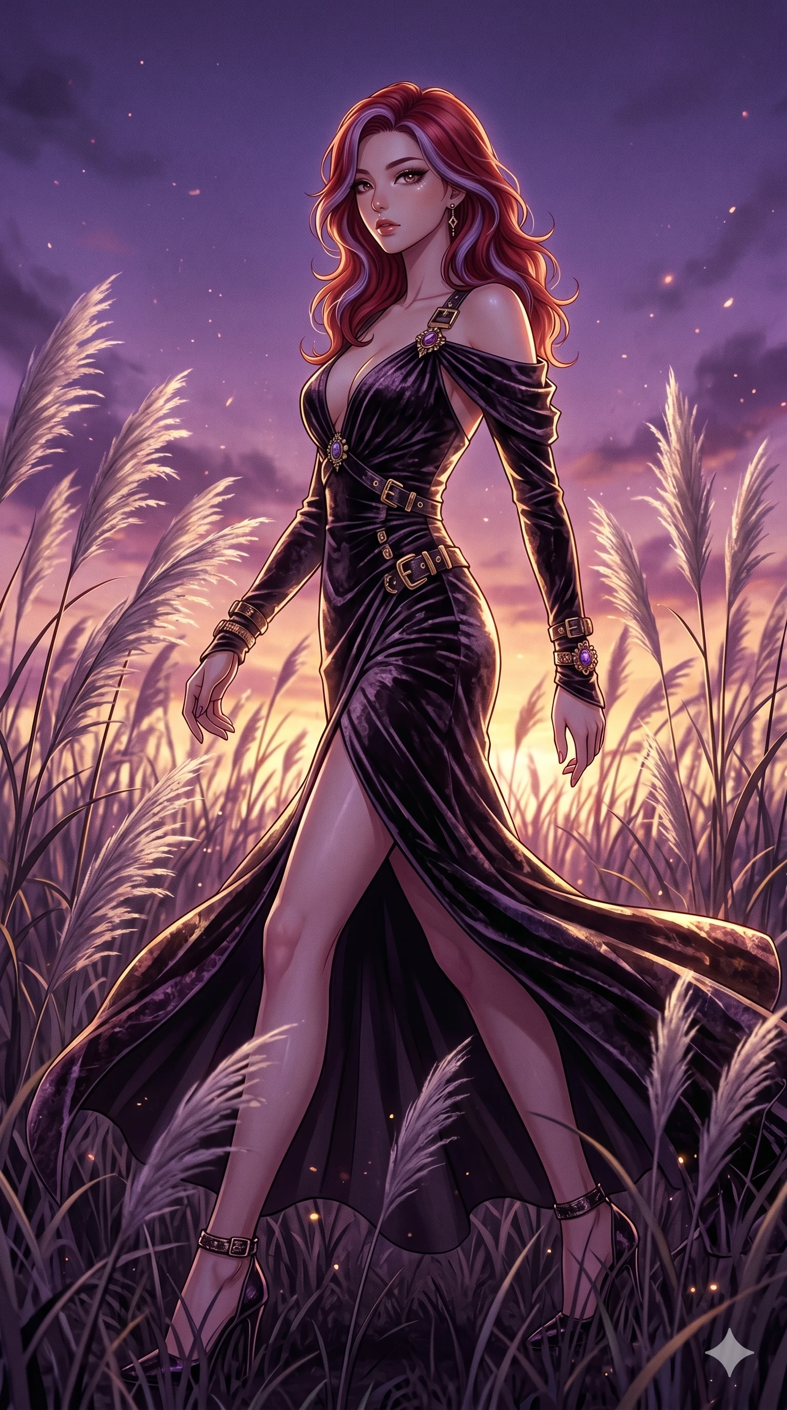 score_9, masterpiece, best quality, ultra-detailed, High-budget Anime Keyframe, East Asian woman. Dynamic full-body shot stretching the vertical silhouette to the limit. Scenario 148: Walking through a field of tall silver grass at twilight. Her presence is magnetic and overpowering in this high-budget anime scene. Outfit 148: A crushed dark velvet gold with a low-cut shoulder and metallic buckles. The clothing is designed to emphasize her exceptionally tall and slender 8-heads proportion. 8-heads proportion, towering silhouette, ultra-slim waist. sharp v-shaped jawline, intricate jewel-like eyes with depth, thick eyelashes, glossy lips. 2k, ultra detail, master piece, 9:16 ratio
