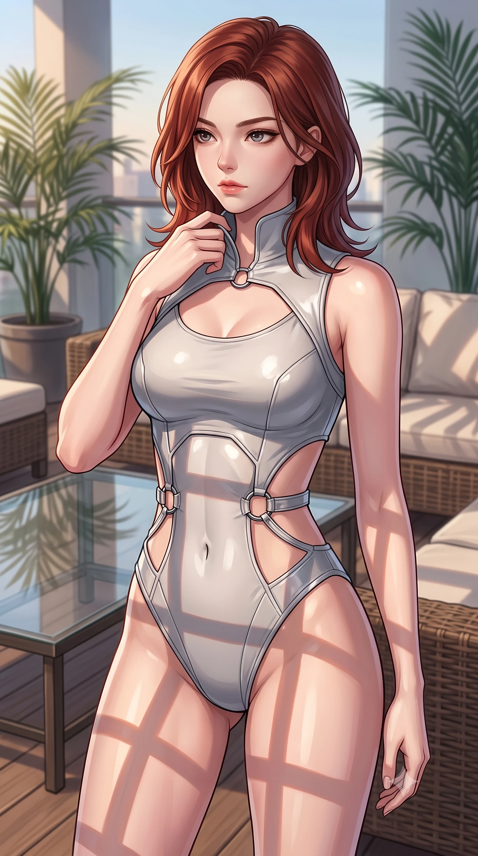 score_9, masterpiece, best quality, ultra-detailed, high-budget anime keyframe, editorial fashion photography, tasteful artistic composition, Korean woman. close-up cowboy shot from the waist and thighs up, the character dominates the composition, filling the frame with her large presence, background elements kept in soft focus. adjusting the high collar of her body-hugging suit, looking past the camera with quiet, sharp focus and a composed expression, the background shows a soft-focus a botanical deck with glass tables, rattan lounge seats, and potted palms. She has an exceptionally elegant, slender, and willowy female figure with an ultra-slim waist, a gracefully sculpted slender torso, and a refined silhouette. sharp v-shaped jawline, high-bridge nose, intricate jewel-like eyes with depth, thick eyelashes, glossy lips with a natural sheen. wearing a tailored light carbon-plate combat bodysuit featuring dramatic geometric open-waist cutouts framed by chrome ring hardware. soft late afternoon sunrays casting long wooden grid shadows on her torso. highly saturated vibrant anime colors, detailed shading with soft gradients, rich glossy textures, high-contrast stereoscopic depth, volumetric dynamic lighting, master piece, 9:16 ratio