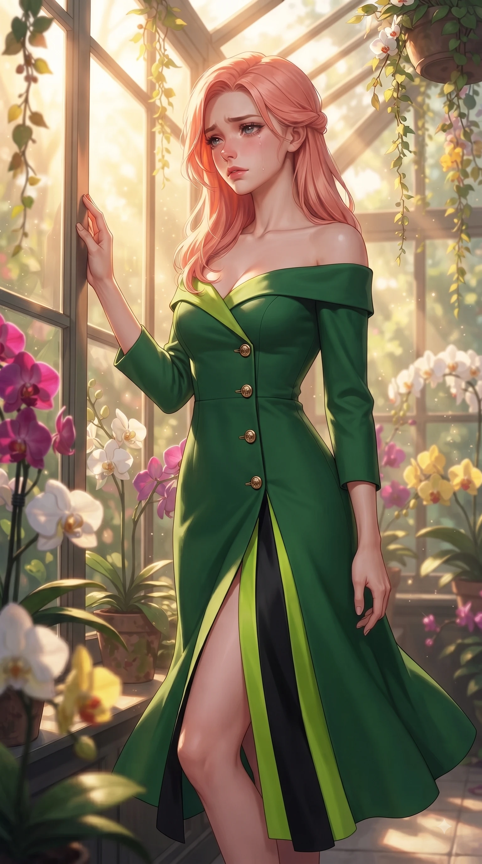 score_9, masterpiece, best quality, ultra-detailed, high-budget anime keyframe, editorial fashion photography, tasteful artistic composition, Japanese woman. close-up cowboy shot from the waist and thighs up, the character dominates the composition, filling the frame with her large presence. Heart-tugging melancholic glance with a subtle drop of emotion in her eyes and a quiet wistful posture while leaning against a sunlit glass wall surrounded by exotic orchids and cascading vines. The composition keeps background elements in soft focus with dreamy bokeh. cascading botanical vines creating a soft, organic blurred background depth. She has an exceptionally elegant, slender, and willowy female figure with an ultra-slim waist, a gracefully sculpted slender torso, and a refined silhouette. sharp v-shaped jawline, high-bridge nose, intricate jewel-like eyes with depth, thick eyelashes, glossy lips with a natural sheen, flawlessly proportioned anatomical accuracy, natural body alignment, perfectly sculpted elegant limbs, clean dynamic posture without body distortion. wearing a vibrant forest green off-shoulder midi dress with a tasteful front slit in bright lime green and sleek jet black, tailored from structured wool crepe with clean lines, finished with gold metallic hardware buttons along the front, the fluid drape swaying gracefully with her dynamic editorial movement. bathed in bright golden sunbeams streaming through glasshouse panes. ultra-reflective glossy finish, specular highlights, metallic sheen, high-contrast stereoscopic depth, volumetric dynamic lighting, 2k, ultra detail, master piece, 9:16 ratio