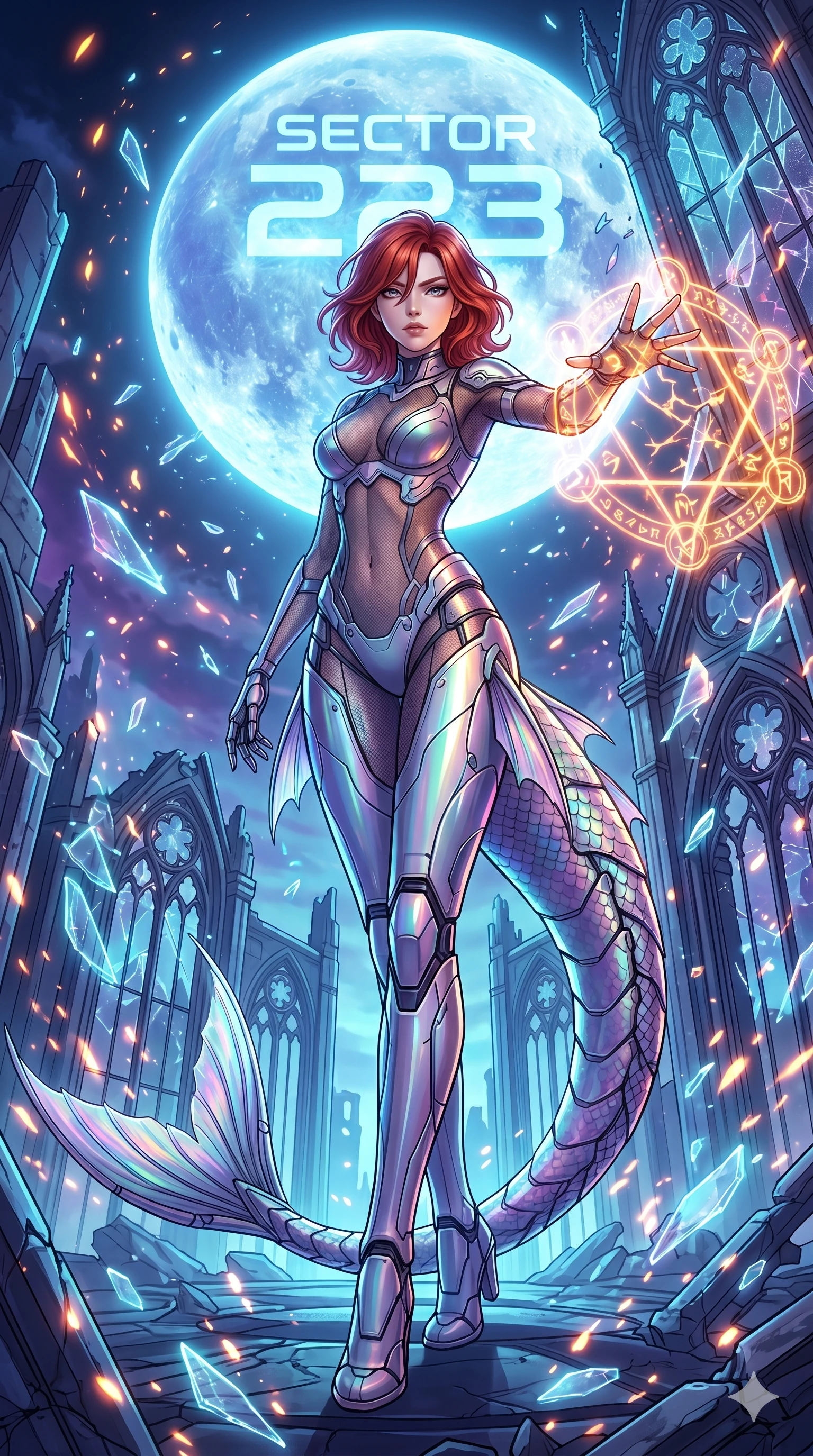 score_9, masterpiece, best quality, ultra-detailed, Set A: High-budget Anime Keyframe, Japanese woman. Low angle cowboy shot filling the entire 9:16 frame with her statuesque presence. Casting a spell through a shattered glass cathedral, with a massive holographic moon rising behind her marked as sector 223 and surrounded by glowing energy sparks. She has an absolutely perfect 8-heads proportion, an exceptionally tall and slender female figure with impossibly long slender legs and an ultra-slim waist. Sharp v-shaped jawline, high-bridge nose, intricate jewel-like eyes with depth, thick eyelashes, glossy lips with a natural sheen. Wearing Cybernetic mermaid tail-suit with iridescent scales and a sheer mesh top. Cinematic lighting, vibrant colors, dramatic shadows, 2k, ultra detail, master piece, 9:16 ratio