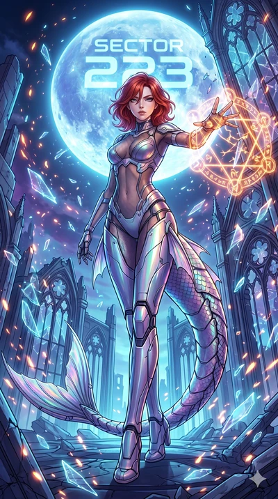 score_9, masterpiece, best quality, ultra-detailed, Set A: High-budget Anime Keyframe, Japanese woman. Low angle cowboy shot filling the entire 9:16 frame with her statuesque presence. Casting a spell through a shattered glass cathedral, with a massi