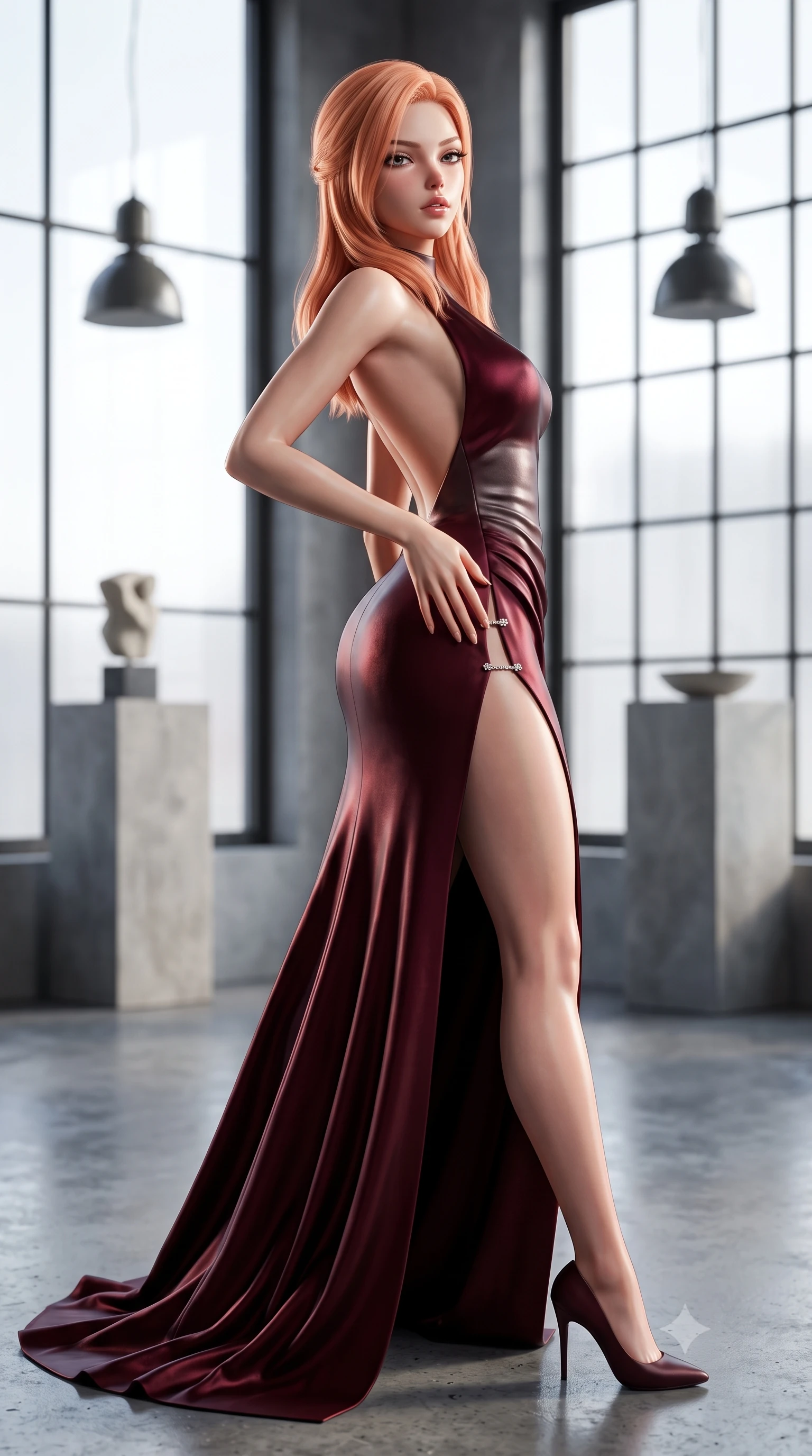 score_9, masterpiece, best quality, ultra-detailed, high-budget anime keyframe, semi-realistic 3D game render, editorial fashion photography, tasteful artistic composition, Japanese woman. close-up cowboy shot from the waist and thighs up, the character dominates the composition, filling the frame with her large presence. arching her spine backward with effortless dancer poise, one hand sliding along her hip line as directional light carves specular highlights along her silhouette while striding across the polished industrial concrete floor, her sleek aerodynamic dress clinging to her narrow waist and long legs. The composition keeps background elements in soft focus with creamy bokeh. minimalist sculptural pedestals and industrial pendant lights softened in avant-garde German shallow focus. She has an exceptionally elegant, slender, and willowy female figure with an ultra-slim waist, flat toned midriff, narrow ribcage, and sculpted feminine hips creating an alluring, slim hourglass silhouette without bulk. sharp v-shaped jawline, high-bridge nose, intricate jewel-like eyes with depth, thick eyelashes, glossy parted lips with a natural sheen, intensely captivating and seductive bedroom-eyes expression, flawlessly proportioned anatomical accuracy, strict slender model proportions, natural body alignment, perfectly sculpted long slender limbs, ultra-slim waistline, clean dynamic posture without body distortion. wearing an open-back duchess satin gala gown with a dramatic hip-hugging drape and cascading trailing hem in deep wine burgundy and brushed dark platinum, formed from supple second-skin lambskin leather with specular sheen, finished with an ultra-high side slit secured by miniature jeweled clasps, the liquid-tight tailored fabric clinging flawlessly to her narrow waist and rounded feminine hips, emphasizing every millimeter of her sculpted slim hourglass curves without any bulky heaviness. bathed in pure, diffused northern European overcast daylight streaming through floor-to-ceiling industrial steel windows. highly saturated vibrant anime colors, detailed shading with soft gradients, rich glossy textures, high-contrast stereoscopic depth, volumetric dynamic lighting, master piece, 9:16 ratio