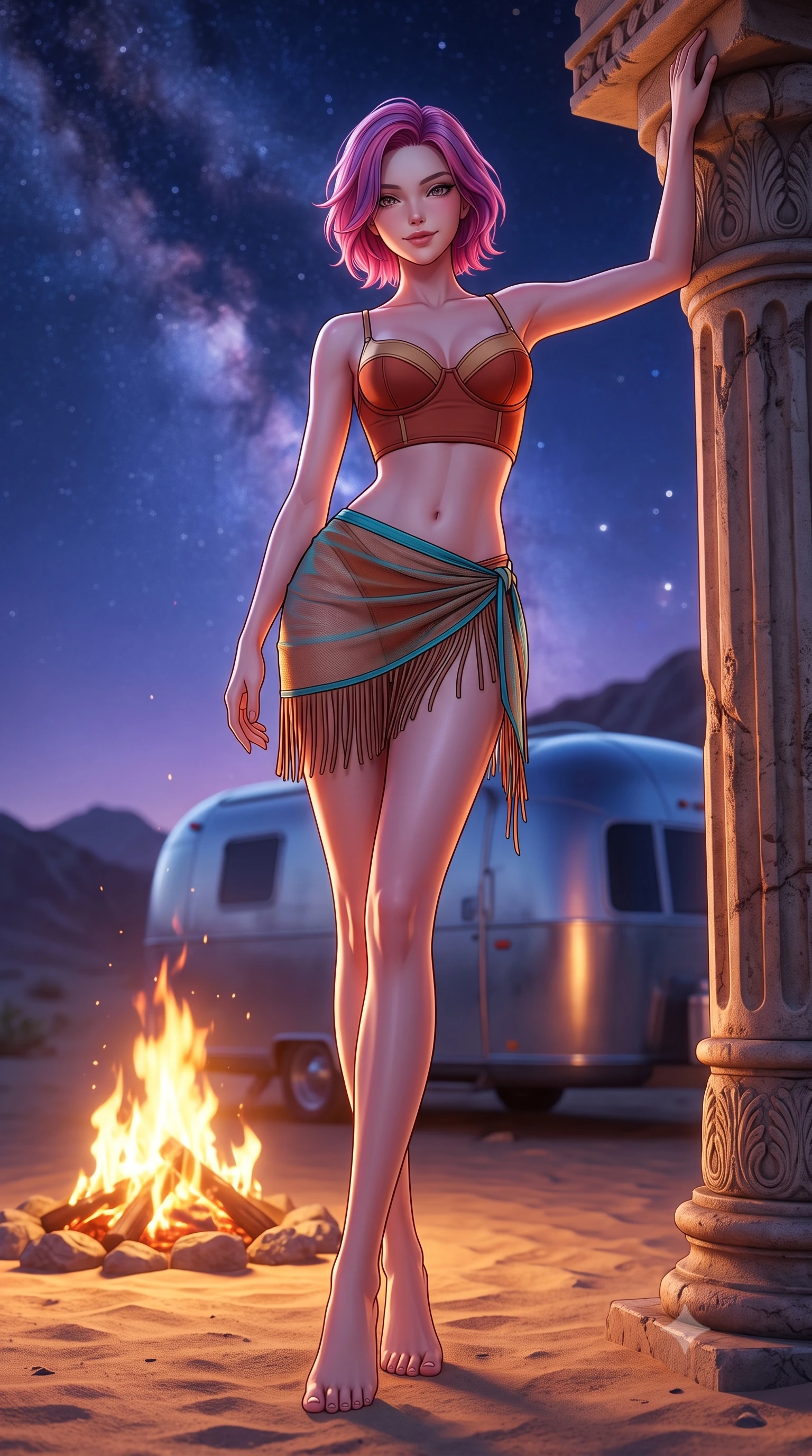 score_9, masterpiece, best quality, ultra-detailed, high-budget anime keyframe, semi-realistic 3D game render, editorial fashion photography, tasteful artistic composition, Caucasian woman. low angle full-body shot from head to toe showing her feet, filling the entire 9:16 vertical frame with her statuesque presence, stretching her vertical silhouette. standing tall beside the architectural column, one hand resting high while arching her lower back to emphasize her sculpted feminine hips and slender waist while standing beside the crackling campfire in the open desert, arching her spine with seductive bohemian grace under the Milky Way. The background shows a soft-focus curved aluminum trailer reflections softened in magical desert night shallow focus. She has an absolutely perfect, statuesque 8.5-heads proportion, an exceptionally tall and slender model-like female figure with impossibly long slender legs, an ultra-slim waist, a flat toned midriff, narrow delicate ribcage, and beautifully sculpted feminine hips creating a graceful, slim hourglass silhouette without any bulky heaviness. sharp v-shaped jawline, high-bridge nose, sparkling eyes with hypnotic seductive depth, thick curled eyelashes, glossy parted lips with a natural dewy peach sheen, alluring bedroom-eyes with an enchanting coquettish smile, exuding magnetic siren charisma and sophisticated glamour, flawlessly proportioned anatomical accuracy, strict slender model proportions, natural body alignment, perfectly sculpted long slender limbs, ultra-slim waistline, clean dynamic posture without body distortion. wearing a structured underwire bikini bustier top paired with an ultra-short draped sarong wrap mini skirt in terracotta rust and desert sand gold with turquoise accents, made of semi-opaque stretch illusion mesh with soft shadowy contours, finished with a delicate leather fringe trim fluttering along her hip line with kinetic charm, the second-skin tailored fabric adhering flawlessly to her sculpted flat midriff and slender torso, emphasizing her long leg lines and perfectly proportioned willowy build. bathed in the flickering warm orange glow of the campfire combined with cool celestial starlight fill. highly saturated vibrant anime colors, detailed shading with soft gradients, rich glossy textures, high-contrast stereoscopic depth, volumetric dynamic lighting, master piece, 9:16 ratio