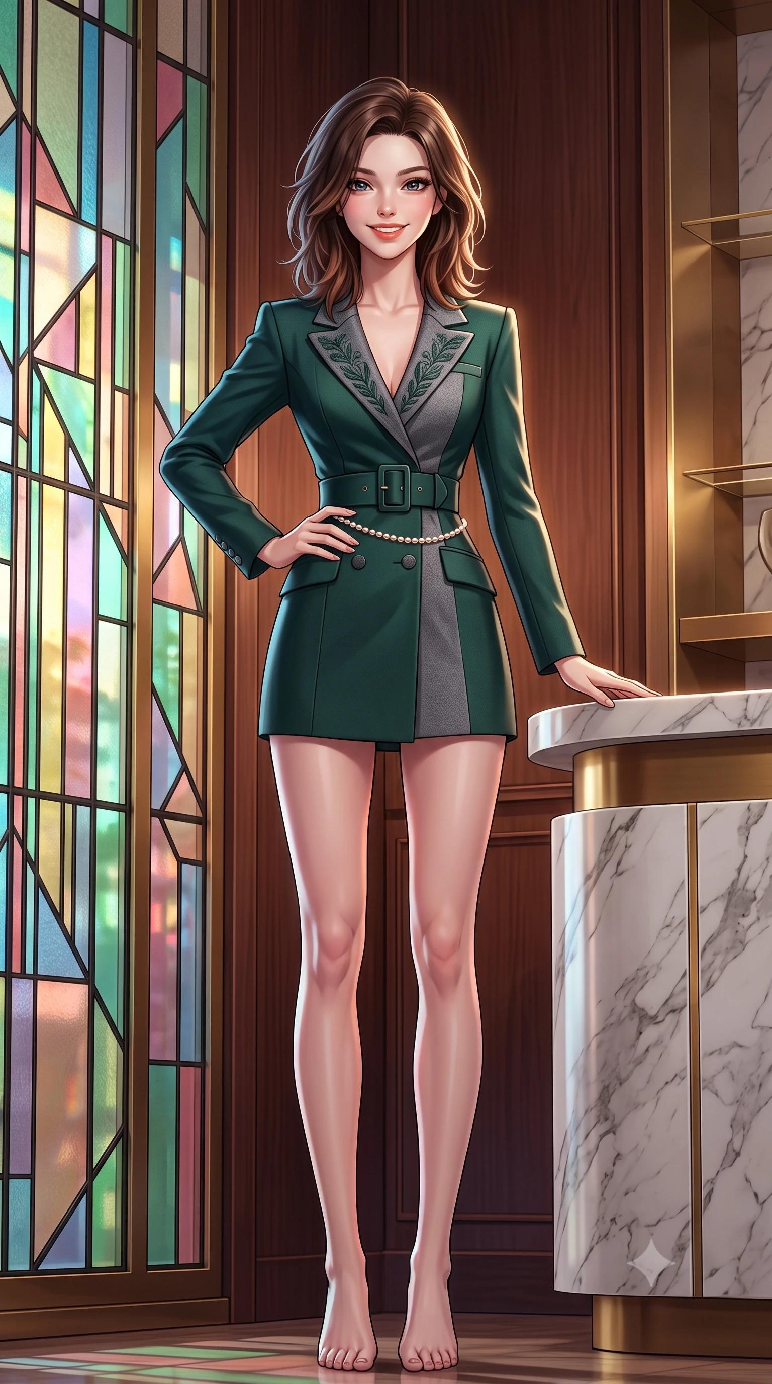 score_9, masterpiece, best quality, ultra-detailed, high-budget anime keyframe, semi-realistic 3D game render, editorial fashion photography, tasteful artistic composition, Korean woman. low angle full-body shot from head to toe showing her feet, filling the entire 9:16 vertical frame with her statuesque presence, stretching her vertical silhouette. standing tall and centered in the frame with one hand on her hip, radiating statuesque poise, an ultra-slim waist, and captivating allure while standing beside the geometric stained-glass partition, one hand resting on the marble counter with chic modern-retro poise. The surrounding environment is rendered in vivid detail and crisp panoramic clarity: detailed embroidered wool blazer lapels, tailored cigarette trousers, and Taisho-modernist architectural craftsmanship in razor-sharp precision. She has an exceptionally tall and slender model-like 8.5-heads proportion, an ultra-slim waist, a flat toned midriff, narrow delicate ribcage, and beautifully sculpted feminine hips creating a graceful, slim hourglass silhouette without any bulky heaviness, with impossibly long slender legs. sharp v-shaped jawline, high-bridge nose, intricate jewel-like sparkling eyes with depth, thick eyelashes, glossy parted lips with a natural peach sheen, bright cheerful beaming smile with an enchanting and coquettish sensual glint, exuding both youthful cute charm and seductive allure, flawlessly proportioned anatomical accuracy, strict slender model proportions, natural body alignment, perfectly sculpted long slender limbs, ultra-slim waistline, clean dynamic posture without body distortion. wearing a bespoke hourglass-tailored wool blazer dress with structured shoulders and a deeply cinched belt, highlighting her sculpted feminine hips in St. Moritz pine forest emerald and heather grey, tailored from stretch wool crepe providing structured compression and razor-sharp bodycon lines, accented with a dainty pearl waist chain catching the ambient sunlight across her sculpted waistline, the second-skin tailored fabric adhering flawlessly to her sculpted flat midriff and slender torso, emphasizing her long leg lines and perfectly proportioned willowy build. illuminated by rosewood wall and brass reflection bounce with crisp champagne rim lights defining her cheekbones and slender waist. highly saturated vibrant anime colors, detailed shading with soft gradients, rich glossy textures, high-contrast stereoscopic depth, volumetric dynamic lighting, master piece, 9:16 ratio