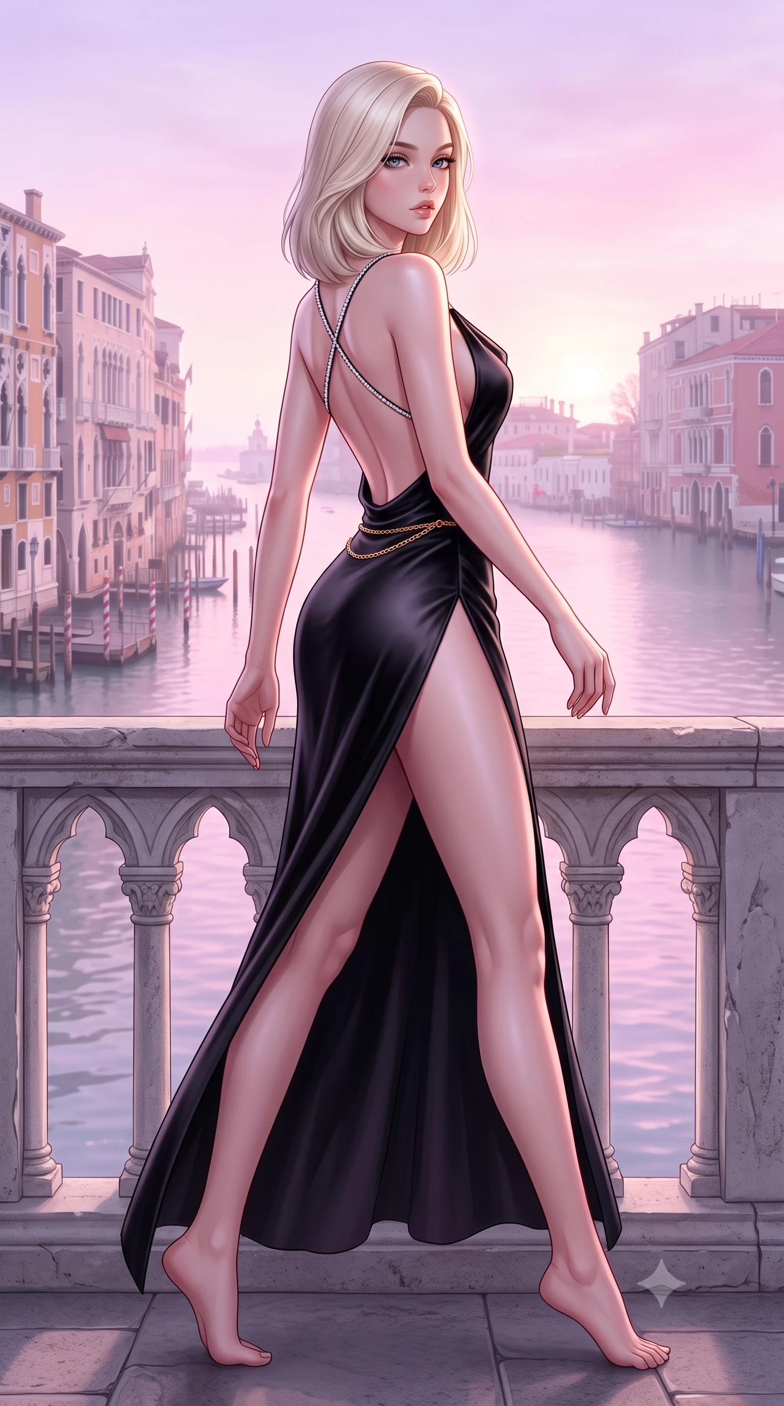 score_9, masterpiece, best quality, ultra-detailed, high-budget anime keyframe, semi-realistic 3D game render, editorial fashion photography, tasteful artistic composition, Caucasian woman. low angle full-body shot from head to toe showing her feet, filling the entire 9:16 vertical frame with her statuesque presence, stretching her vertical silhouette. striding forward in a proud supermodel runway stride, hips swaying in an alluring kinetic rhythm that accentuates her curvy hourglass silhouette while leaning forward over the carved Istrian stone gothic balustrade, looking back with sleepy seductive morning eyes as sunrise tints the canal pastel pink. The surrounding environment is rendered in vivid detail and crisp panoramic clarity. detailed lace gown drape folds, morning mist droplets on skin, and Grand Canal architectural clarity in high resolution. She has an exceptionally tall and slender model-like 8.5-heads proportion, an ultra-slim waist, a flat toned midriff, narrow delicate ribcage, and beautifully sculpted feminine hips creating a graceful, slim hourglass silhouette without any bulky heaviness, with impossibly long slender legs. sharp v-shaped jawline, high-bridge nose, intricate jewel-like eyes with depth, thick eyelashes, glossy parted lips with a natural sheen, intensely captivating and seductive bedroom-eyes expression, flawlessly proportioned anatomical accuracy, strict slender model proportions, natural body alignment, perfectly sculpted long slender limbs, ultra-slim waistline, clean dynamic posture without body distortion. wearing a backless cowl-neck satin slip dress featuring high-cut side hip slits and delicate criss-cross back straps in pitch-black velvet with diamond crystal trim, tailored from ultra-smooth duchess satin with a pearlescent sheen, accented with a delicate gold chain belt resting loosely on her curvy hips, the liquid-tight tailored fabric clinging flawlessly to her narrow waist and rounded feminine hips, emphasizing every millimeter of her sculpted slim hourglass curves without any bulky heaviness. bathed in luminous pastel dawn pink and violet light reflecting off misty canal waters. highly saturated vibrant anime colors, detailed shading with soft gradients, rich glossy textures, high-contrast stereoscopic depth, volumetric dynamic lighting, master piece, 9:16 ratio