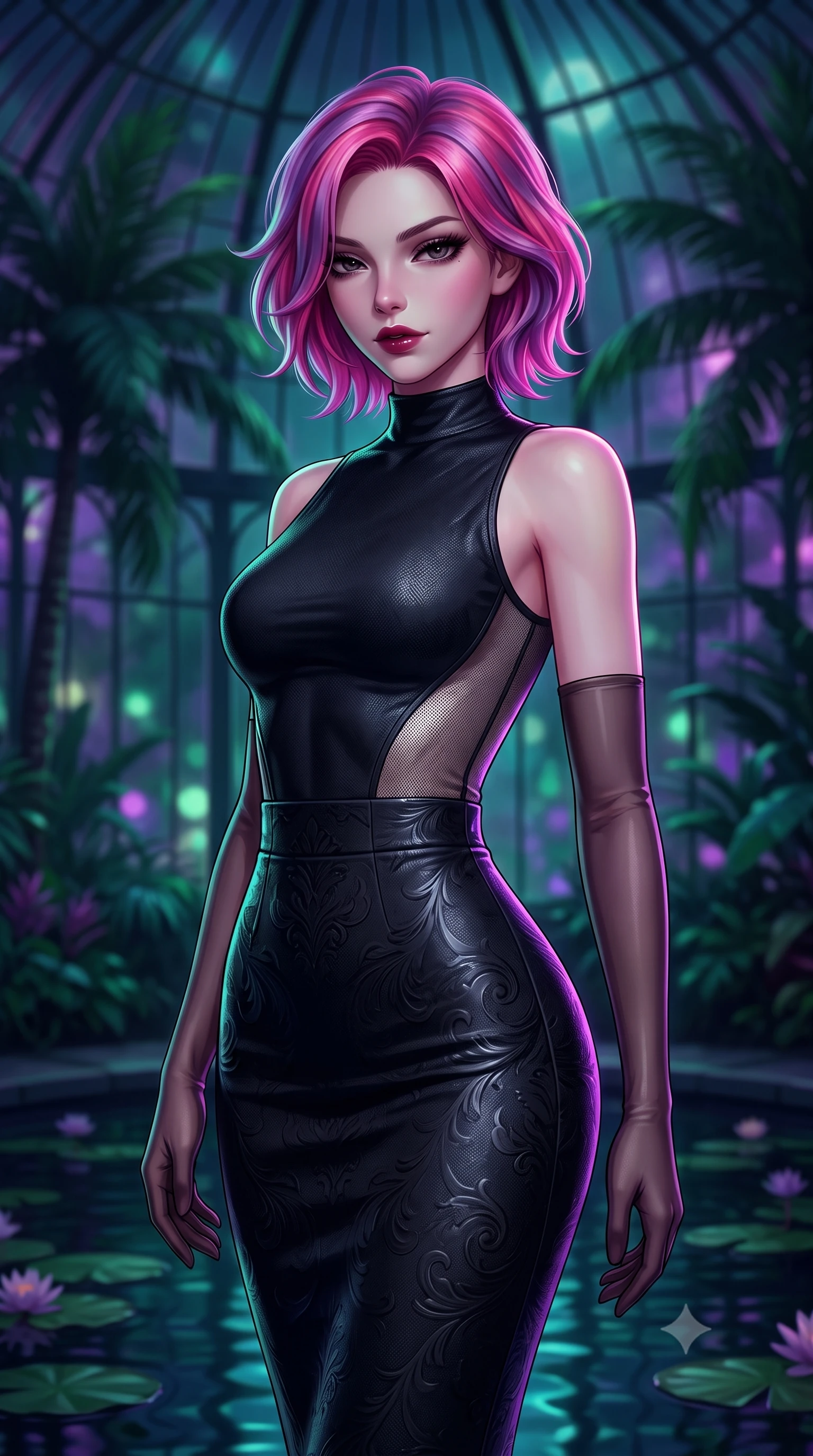 score_9, masterpiece, best quality, ultra-detailed, high-budget anime keyframe, semi-realistic 3D game render, editorial fashion photography, tasteful artistic composition, Caucasian woman. close-up cowboy shot from the waist and thighs up, the character dominates the composition, filling the frame with her large presence. glancing down over lowered lashes before meeting the camera with quiet, devastating intensity, her tailored outfit tracing her ultra-slim waist and hips while twisting her slender torso in an alluring S-curve beside a tranquil dark lily pool, subtle neon reflections tracing her curvy hips and flat midriff. The composition keeps background elements in soft focus with dreamy creamy bokeh. soaring Victorian glass conservatory ribs and towering tropical palms backlit by midnight neon blurred into deep jade, violet, and sapphire bokeh. She has an exceptionally elegant, slender, and willowy female figure with an ultra-slim waist, flat toned midriff, narrow ribcage, and sculpted feminine hips creating an alluring, slim hourglass silhouette without bulk. sharp v-shaped jawline, high-bridge nose, intricate jewel-like dark sparkling eyes with dangerous depth, thick curled eyelashes, glossy parted lips with a rich wine sheen, smoldering seductive half-smile with bedroom-eyes, exuding effortless superiority and intoxicating dark allure, flawlessly proportioned anatomical accuracy, strict slender model proportions, natural body alignment, perfectly sculpted long slender limbs, ultra-slim waistline, clean dynamic posture without body distortion. wearing a high-neck sleeveless bodycon dress in textured matte obsidian with side-torso semi-sheer mesh inserts in metallic liquid silver and pitch black, tailored from rich silk jacquard with subtle embossed baroque patterns, complemented by sheer dark opera gloves reaching past her elbows, the high-waisted tailoring accentuating her ultra-slim waistline and the enchanting curve of her feminine hips with alluring dark charm. bathed in moody ultraviolet and deep emerald ambient backlights filtering through soaring glass panes. highly saturated vibrant anime colors, detailed shading with soft gradients, rich glossy textures, high-contrast stereoscopic depth, volumetric dynamic lighting, master piece, 9:16 ratio